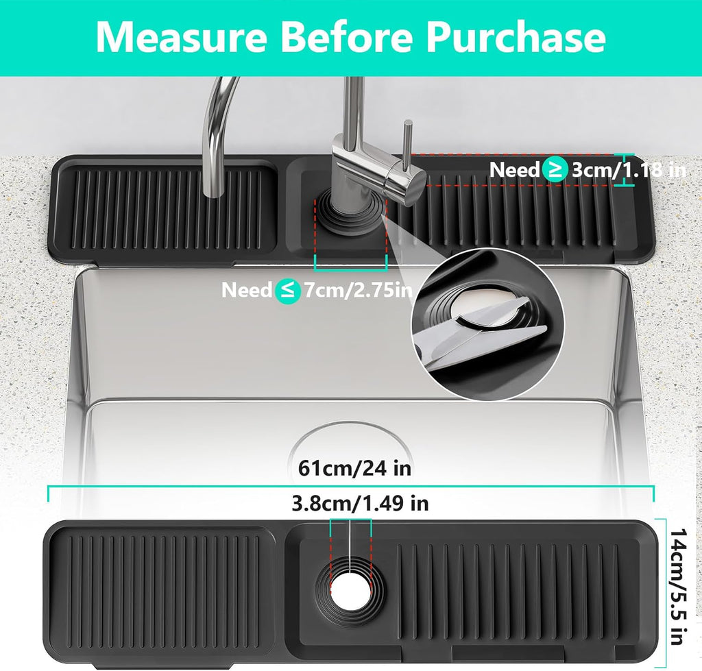 24 Inch Longer Faucet Mat for Kitchen Sink, 5° Slope Fast Self-Draining, Kitchen Sink Splash Guard Silicone Sink Faucet Mat Splash Guard Kitchen Sink Area Tidy Splash Faucet Guard Draining Mat