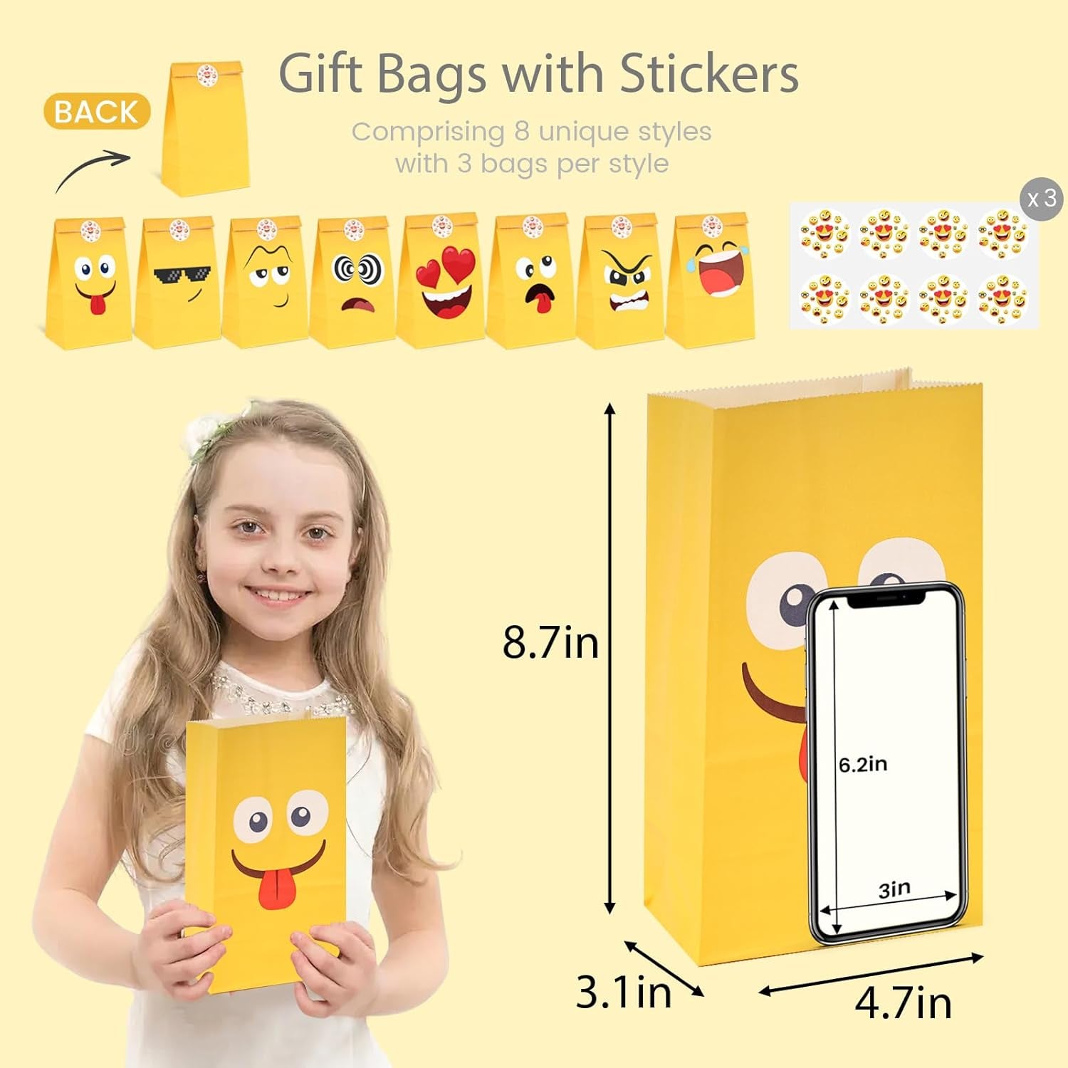 24 Pack Funny Gift Bags with Stickers, 4.7X3.1X8.7 Inch Party Favor Bags for Candy Wrapping, Birthdays, Giveaways, Celebration Supplies