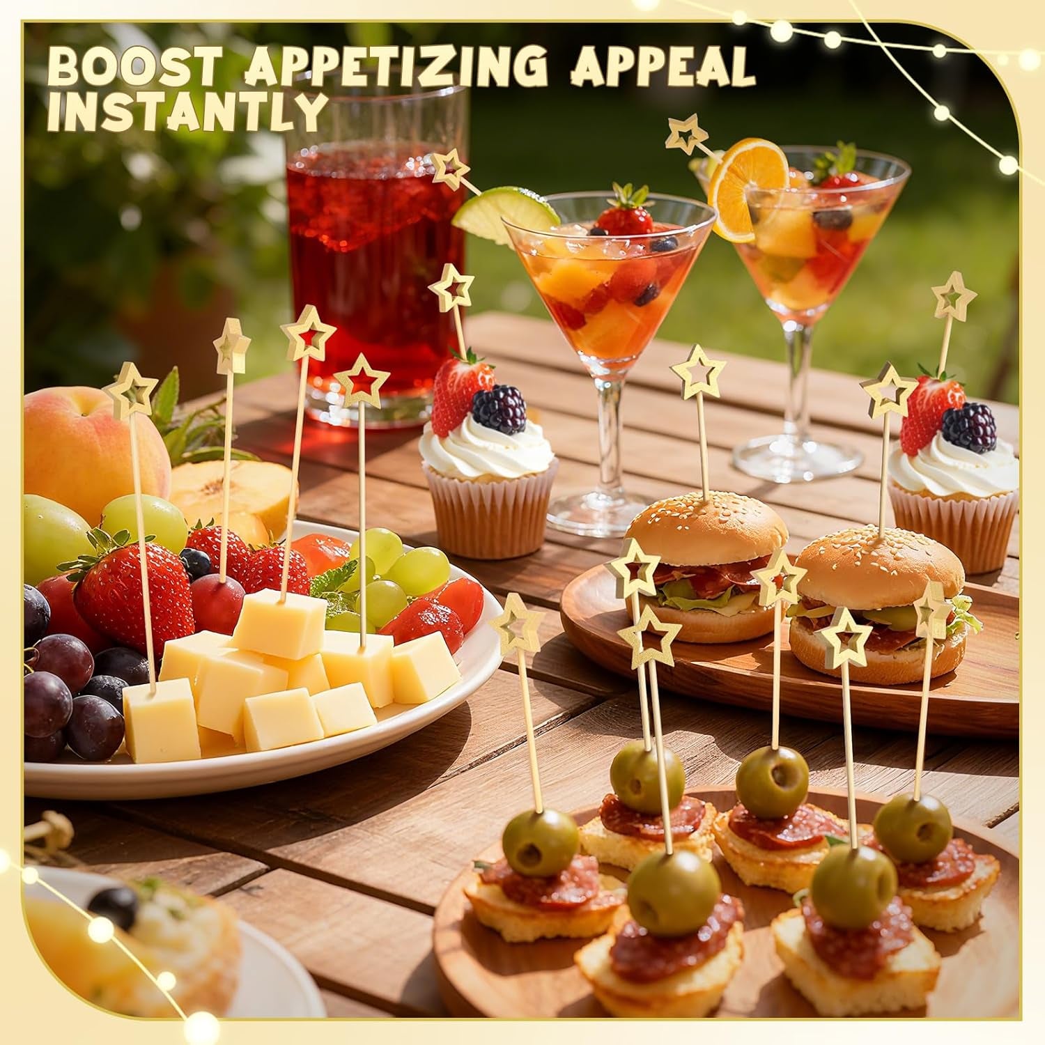 100PCS Gold Star Cocktail Picks, Decorative Fancy Toothpicks for Appetizers, 5.2 Inch Long Bamboo Skewers, Wooden Garnish Sticks for Drinks Food Fruit Party Supplies Charcuterie Boards Accessories