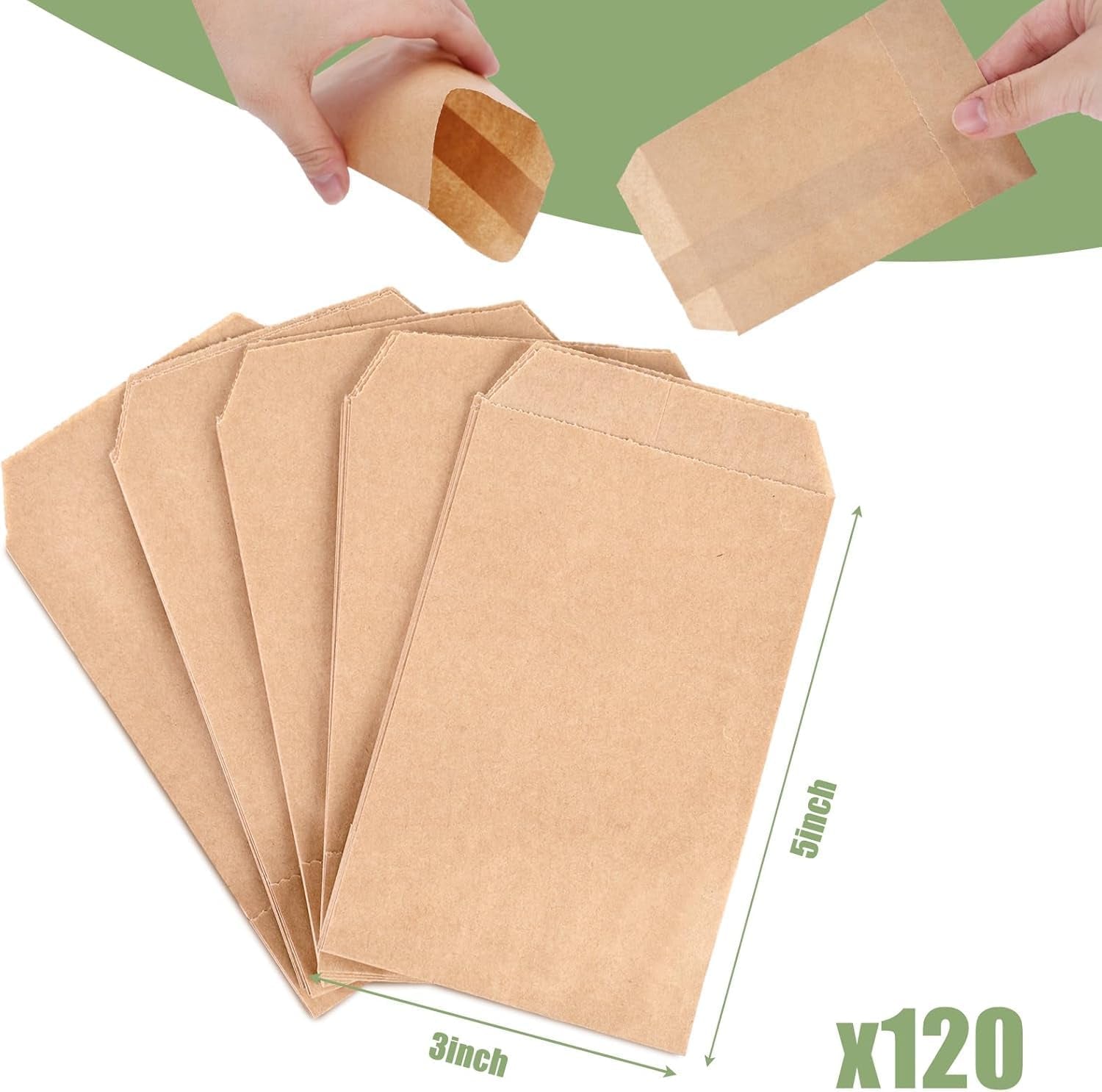 120 Pack Small Brown Kraft Paper Bags, 3 X 5 Inches Greaseproof Treat Bags Flat Envelopes for Snacks Cookies