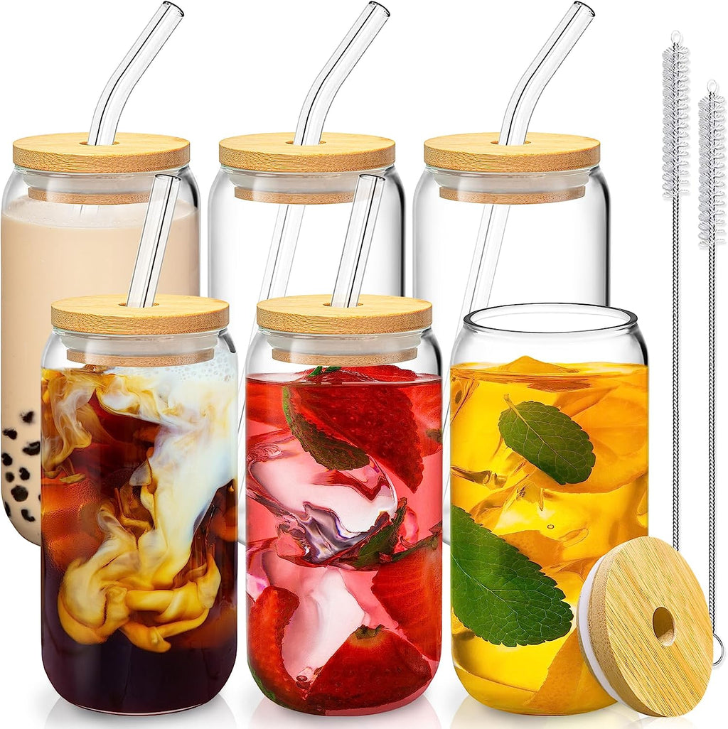 16 Oz Drinking Glasses with Bamboo Lids and Glass Straw - 6 Pcs Glass Cups Beer Ice Coffee Glasses Cute Aesthetic Cup Great for Coffee Bar Accessories Include 2 Cleaning Brushes