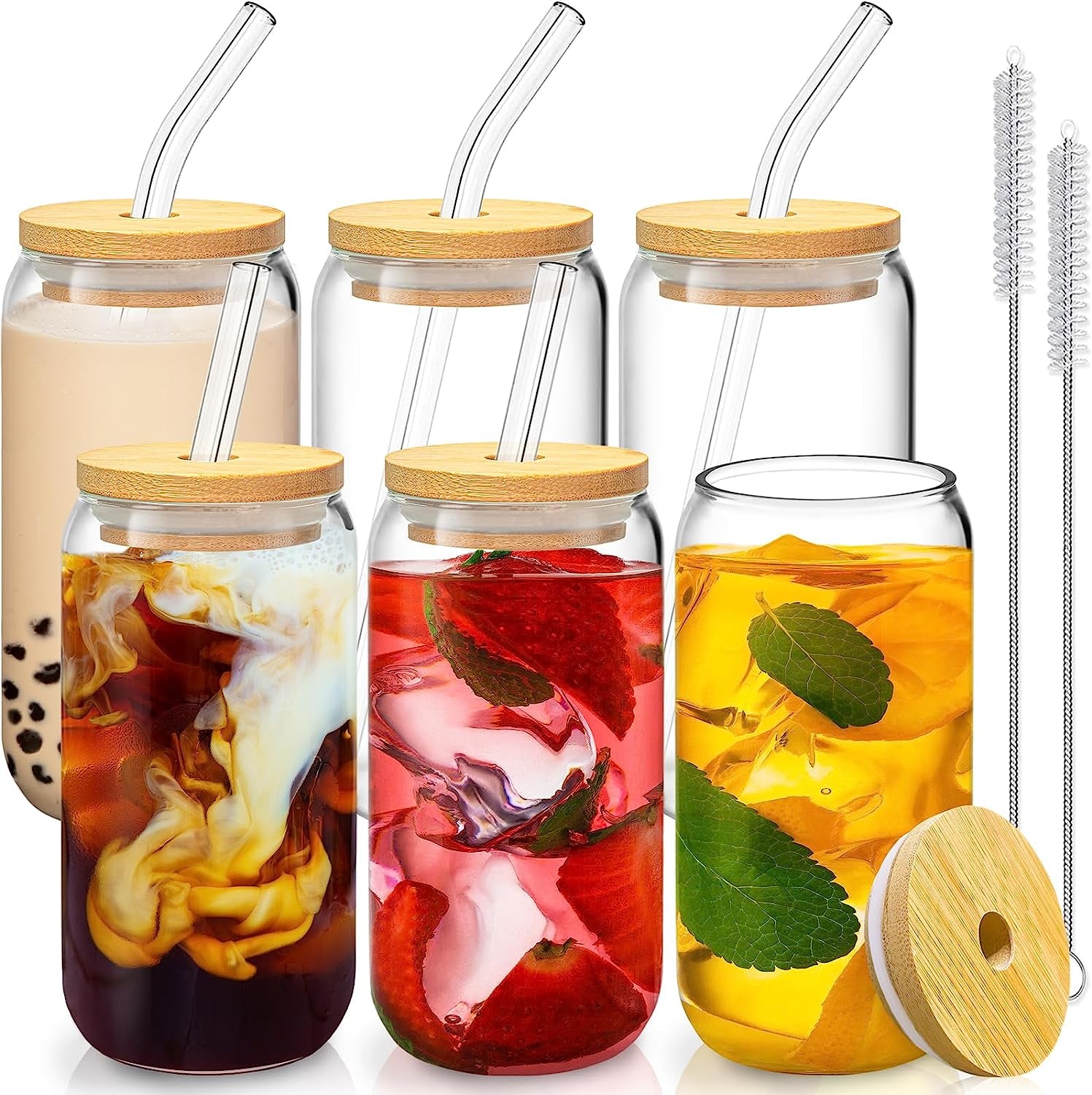 16 Oz Drinking Glasses with Bamboo Lids and Glass Straw - 6 Pcs Glass Cups Beer Ice Coffee Glasses Cute Aesthetic Cup Great for Coffee Bar Accessories Include 2 Cleaning Brushes