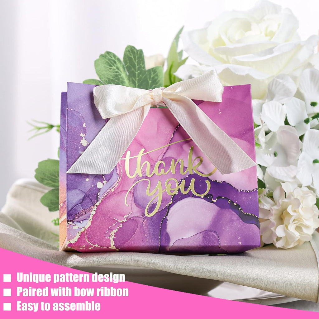 24PCS Thank You Gift Bags, 4.5X3.9X1.8Inches Mini Party Favor Bags Purple Treat Boxes with Bow Ribbon for Wedding Bridal Baby Shower Birthday Party