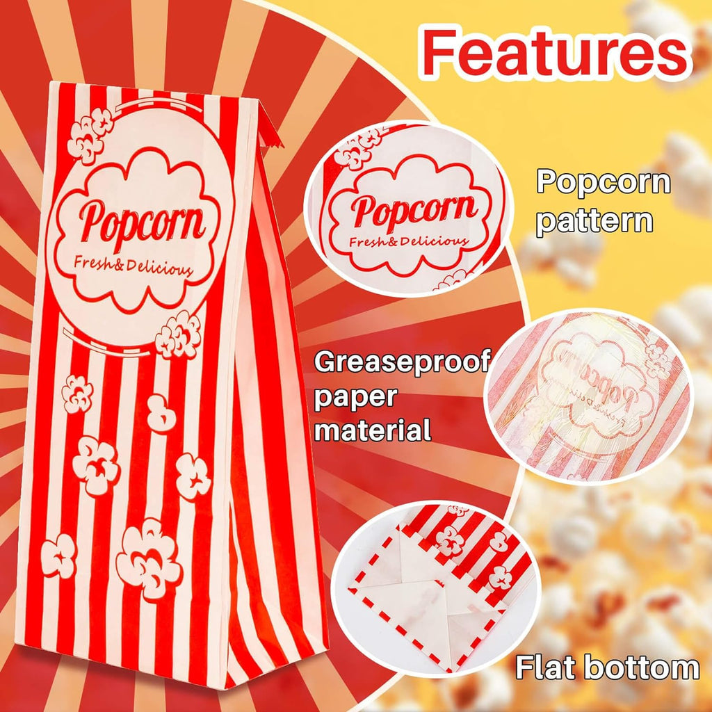 100 Popcorn Bags Flat Bottom - Paper Popcorn Food Bags Individual Servings Party Pop Corn Sleeves Bulk Carnival Halloween Snack Pack Gift Favor Treat Bolsas Para Palomitas Movie Night Supplies
