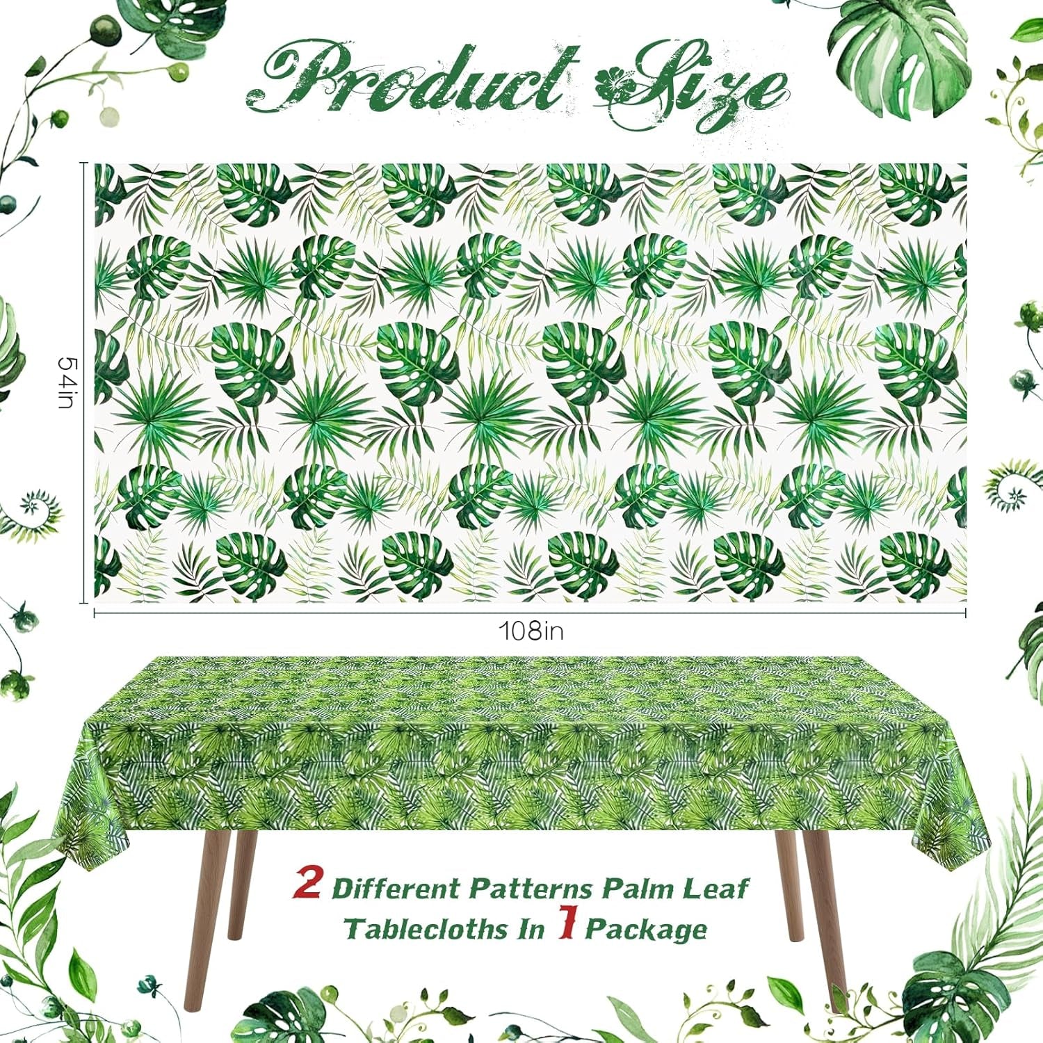 2 Pieces 54 X 108 Inch Hawaii Palm Leaves Tablecloth Plastic Tropical Jungle Tablecover Rectangular Luau Safari Hawaiian Themed Birthday Party Decorations