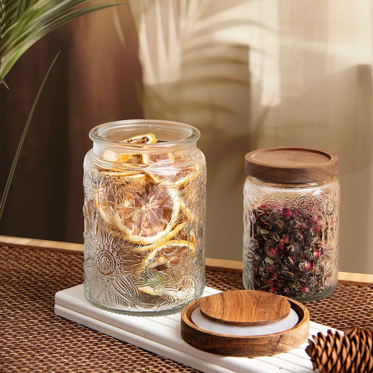 24Oz Glass Jar with Lid, Decorative, Cute, Glass Canister, Vintage Storage Jar for Sugar, Coffee, Tea, Spice, Flour, Candy, Cookie, Pasta, Cereal