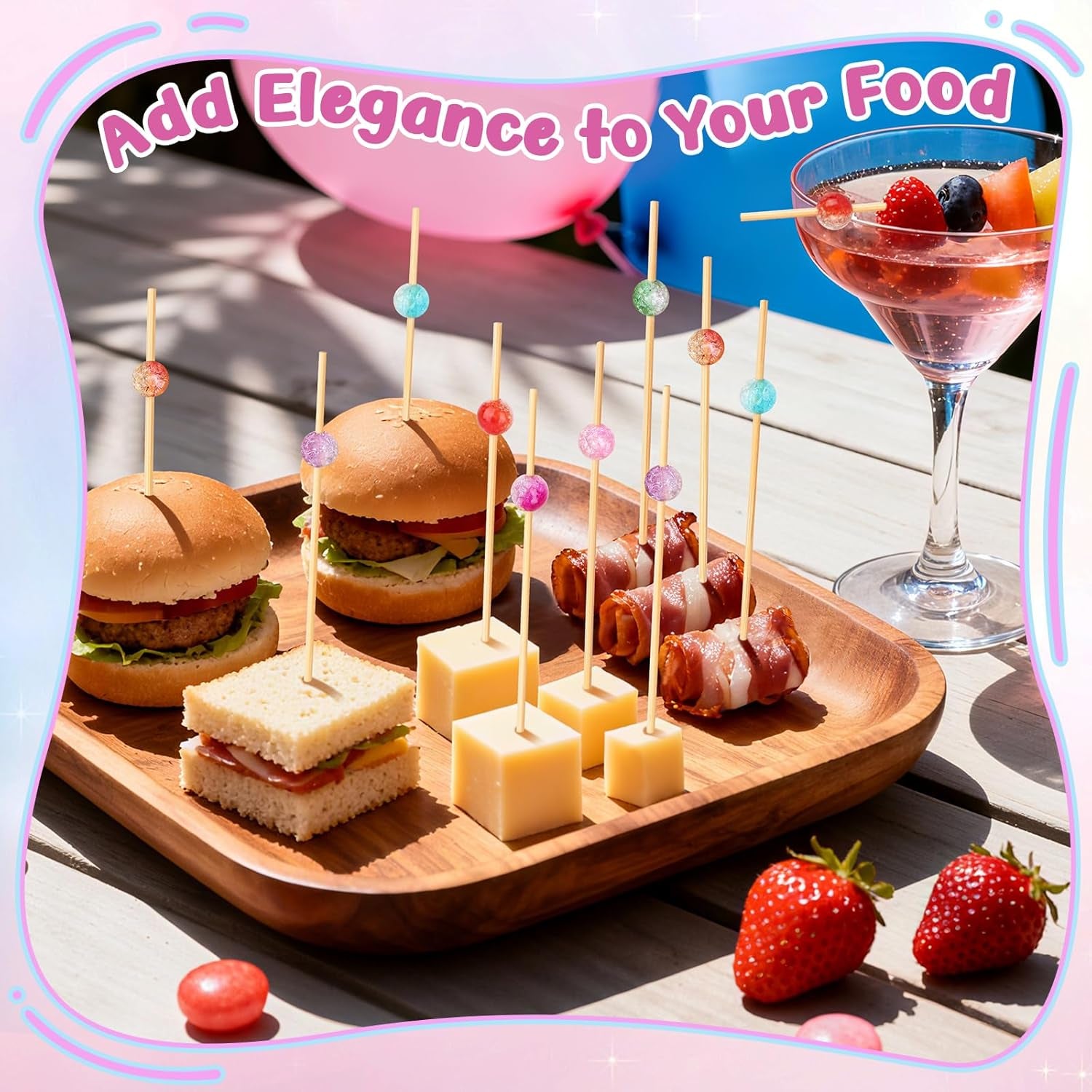 200PCS Cocktail Picks, Colored Pearl Fancy Toothpicks for Appetizers, 4.7 in Long Decorative Bamboo Skewers, Wooden Garnish Sticks for Food Drinks Fruit Charcuterie Boards Accessories Party Supplies