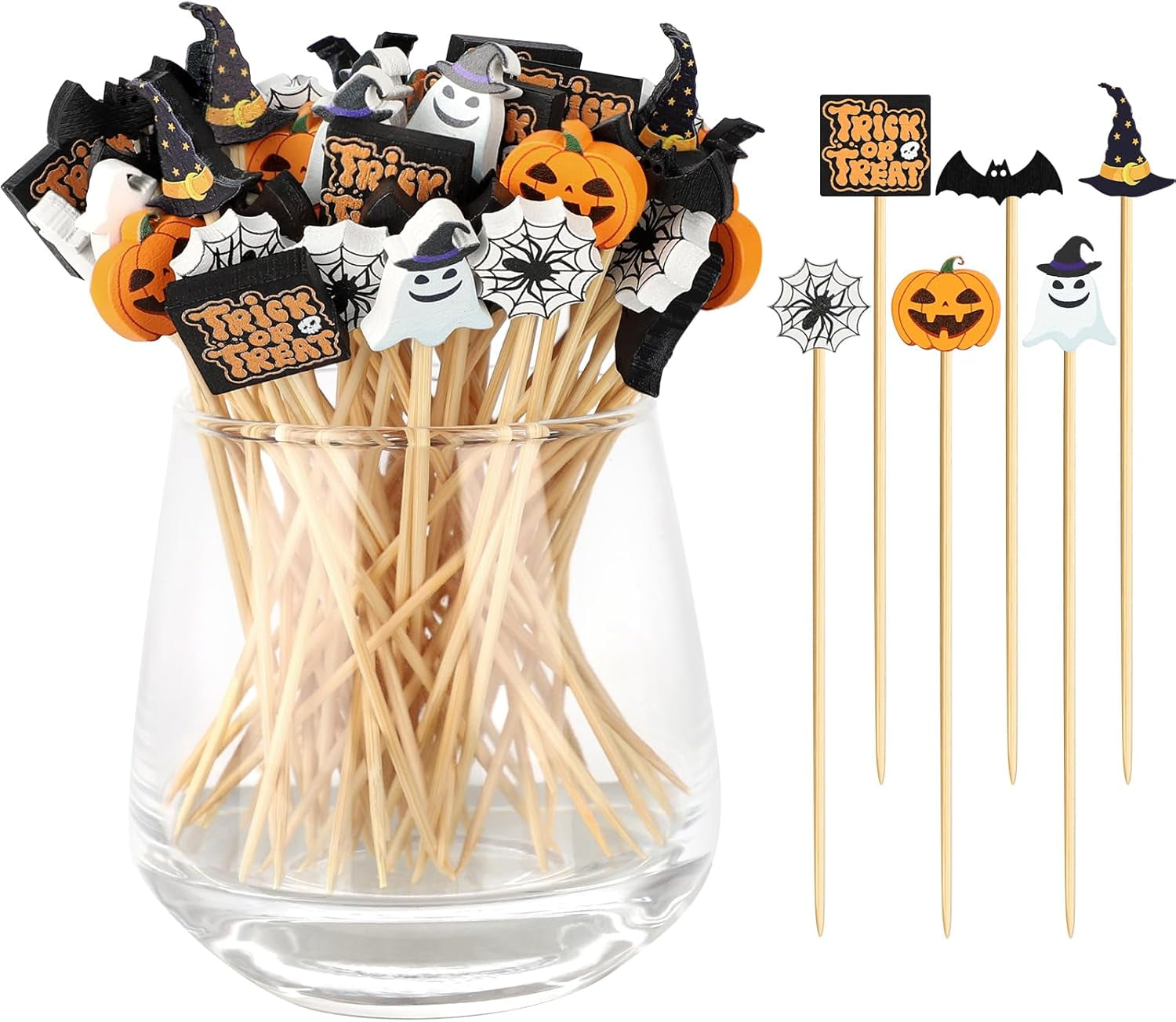 120 Halloween Cocktail Picks, 8 Kind of Bamboo Pumpkin Ghost Spider Hat Bat Eyeball Decorative Toothpicks for Appetizers, 4.7 in Food Sticks Charcuterie Skewers for Halloween Themed Party