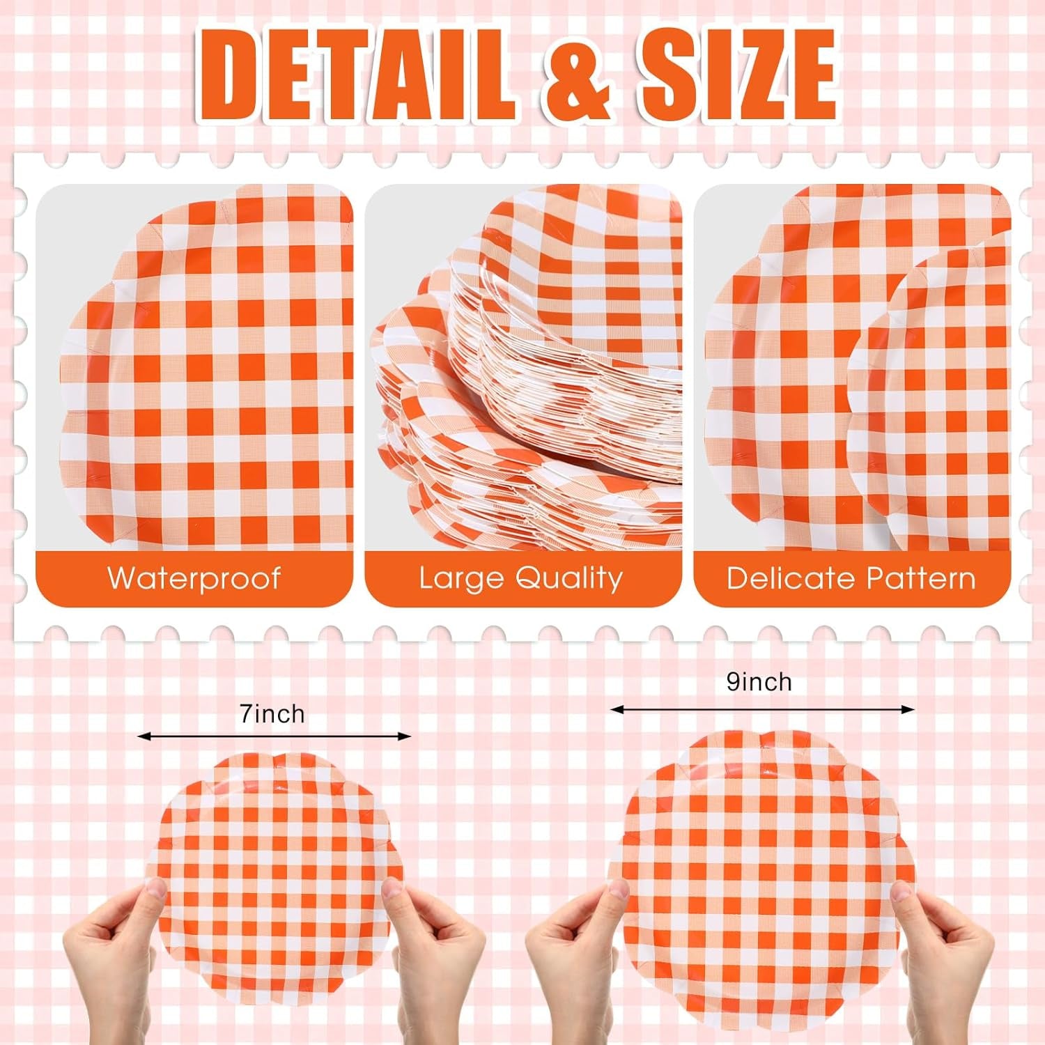 100 Pack Christmas Paper Plates 9" & 7" Snowman Winter Gingham Disposable Dessert Plates for Holiday Xmas Party Supplies(Scalloped,Orange)