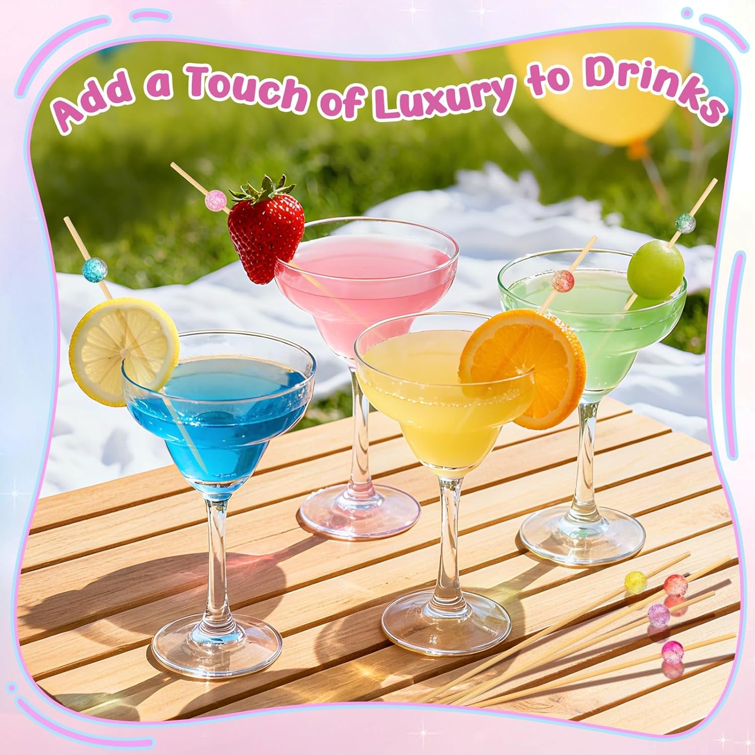 200PCS Cocktail Picks, Colored Pearl Fancy Toothpicks for Appetizers, 4.7 in Long Decorative Bamboo Skewers, Wooden Garnish Sticks for Food Drinks Fruit Charcuterie Boards Accessories Party Supplies