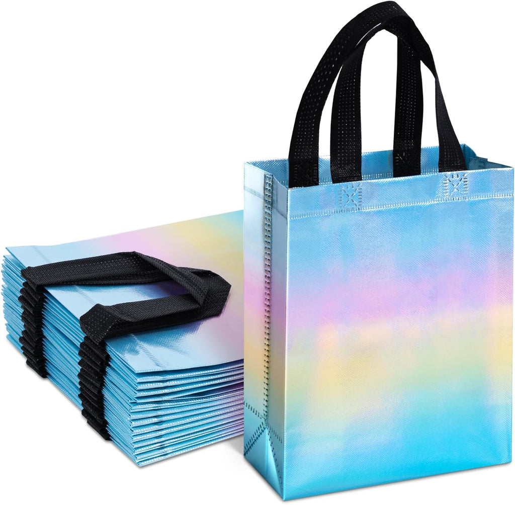 15PCS Iridescent Gift Bags with Handles, 8"X4"X10" Reusable Party Favor Bags Bulk for Christmas, Birthdays, Weddings, Goodie Treats