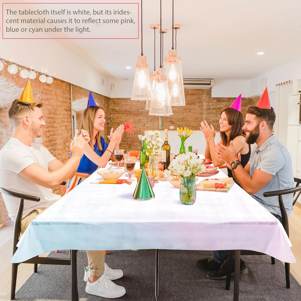 2 Pieces Iridescence White Tablecloth, 40 X 108“ Disposable Shiny Laser Table Cloth, Glitter Plastic Tablecloths, Holographic Iridescent Table Cover for Party Decoration, Wedding and Banquet