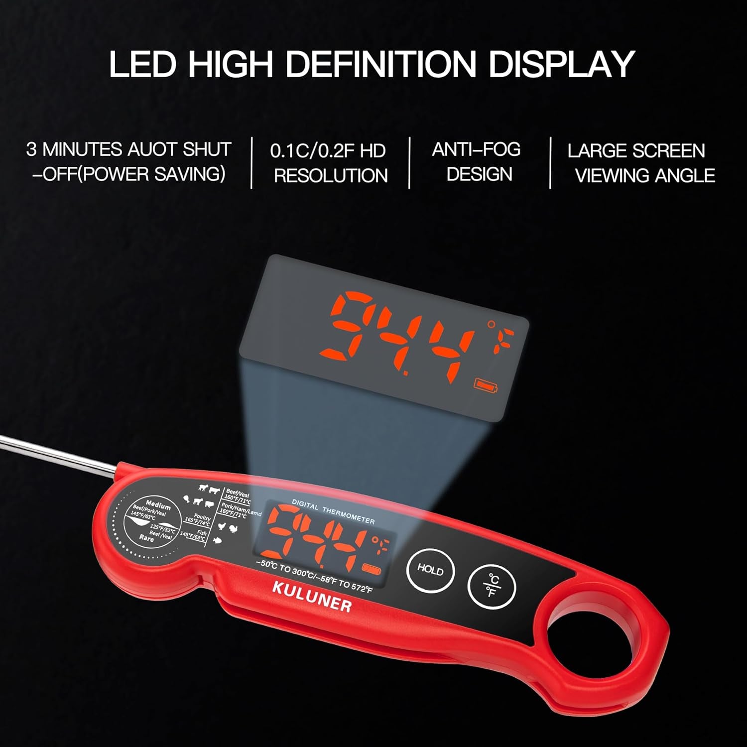 1-Second Rapid and Accurate Meat Thermometer - Waterproof Multifunctional Kitchen Food Thermometer, Ideal for Frying, Smoking, Grilling and More(Red)