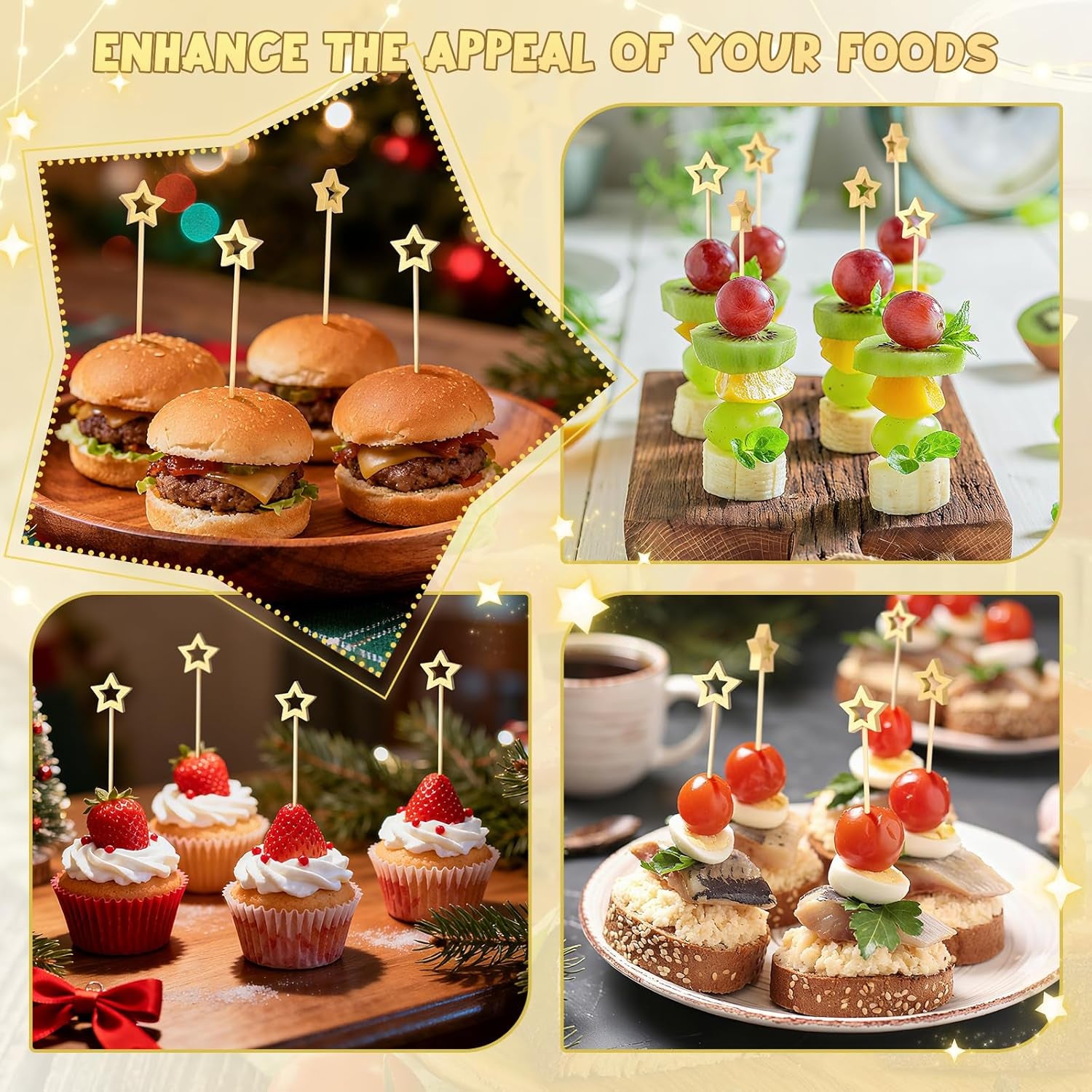 100PCS Gold Star Cocktail Picks, Decorative Fancy Toothpicks for Appetizers, 5.2 Inch Long Bamboo Skewers, Wooden Garnish Sticks for Drinks Food Fruit Party Supplies Charcuterie Boards Accessories