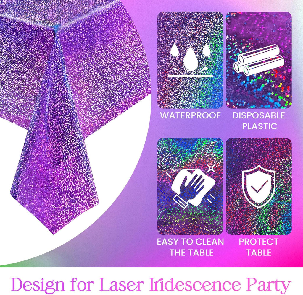 2 Pcs Black & Purple Holographic Laser Tablecloths Iridescence Shiny Table Covers 40" X 108" Halloween Decorations Space Plastic Table Cloths for Birthday Party Wedding Events Supplies