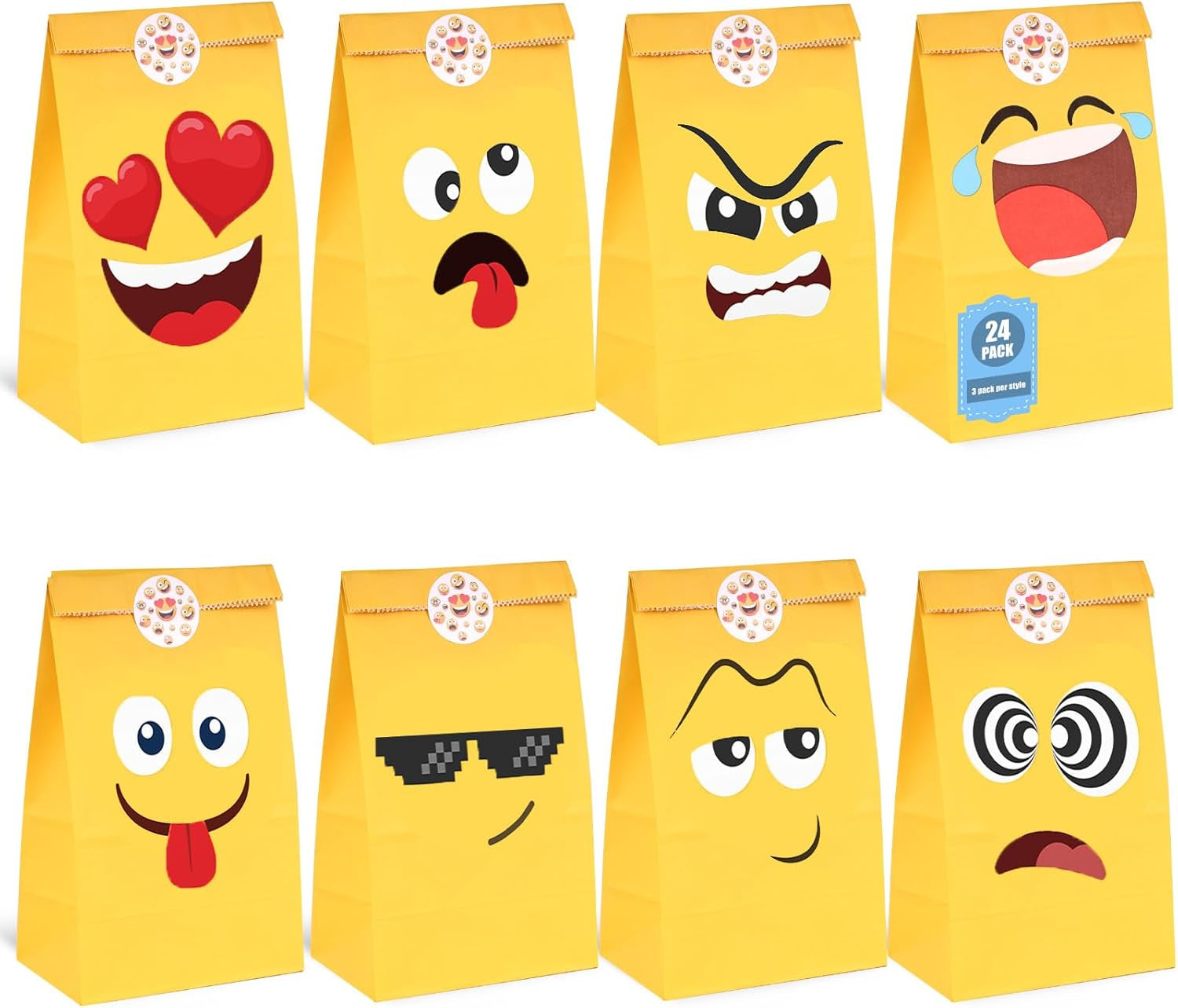 24 Pack Funny Gift Bags with Stickers, 4.7X3.1X8.7 Inch Party Favor Bags for Candy Wrapping, Birthdays, Giveaways, Celebration Supplies