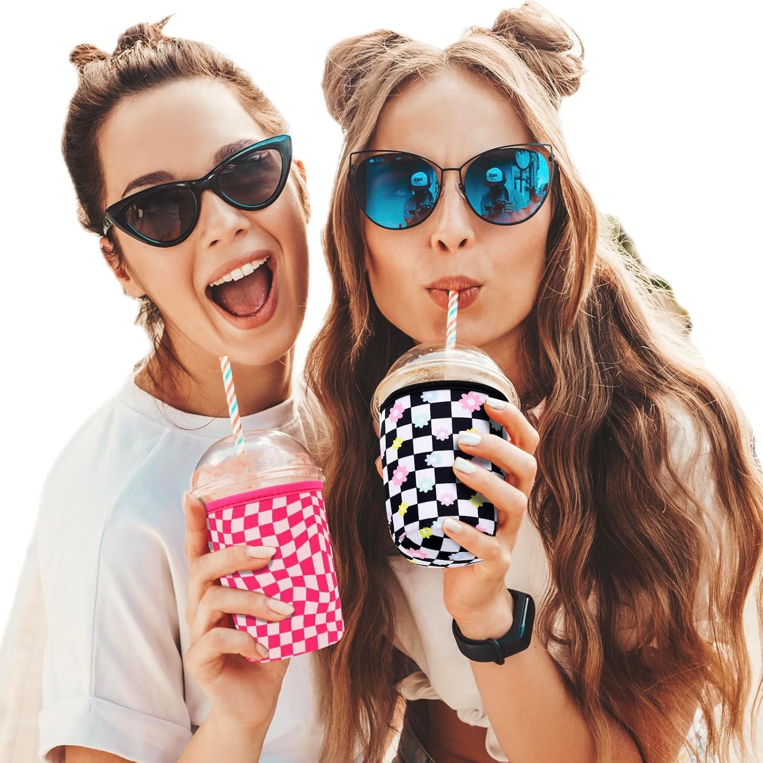 3 Pack Reusable Sleeve for Iced Coffee Cup, Coffee Neoprene Sleeve for Iced&Hot Drinks, Coffee Sleeve Compatible with Starbucks, Dunkin Coffee Cup. (Cherry&Bow)