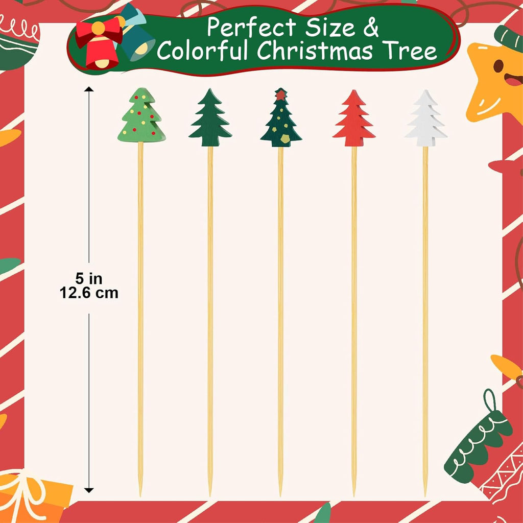 100 Christmas Tree Cocktail Picks, 4.7" Long Christmas Toothpicks for Appetizers, Bamboo Decorative Xmas Skewers Wood Sandwich Fruit Food Sticks for Christmas Party Supplies Charcuterie Accessories