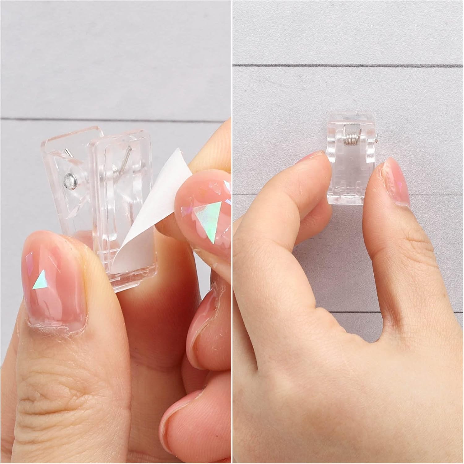 100 Pcs Self Adhesive Clips Wall Clips Tapestry Clips Plastic Sticky Photo Poster Clips Sticky Hanging Spring Clips for Home Office (Clear)