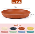 12 PCS Plastic Wheat Straw Plates, 9 Inch Unbreakable Kids Plate Deep Dinner Plates- Microwave and Dishwasher Safe Plate for RV, Traveling, Camper, Picnics, 8 Colors