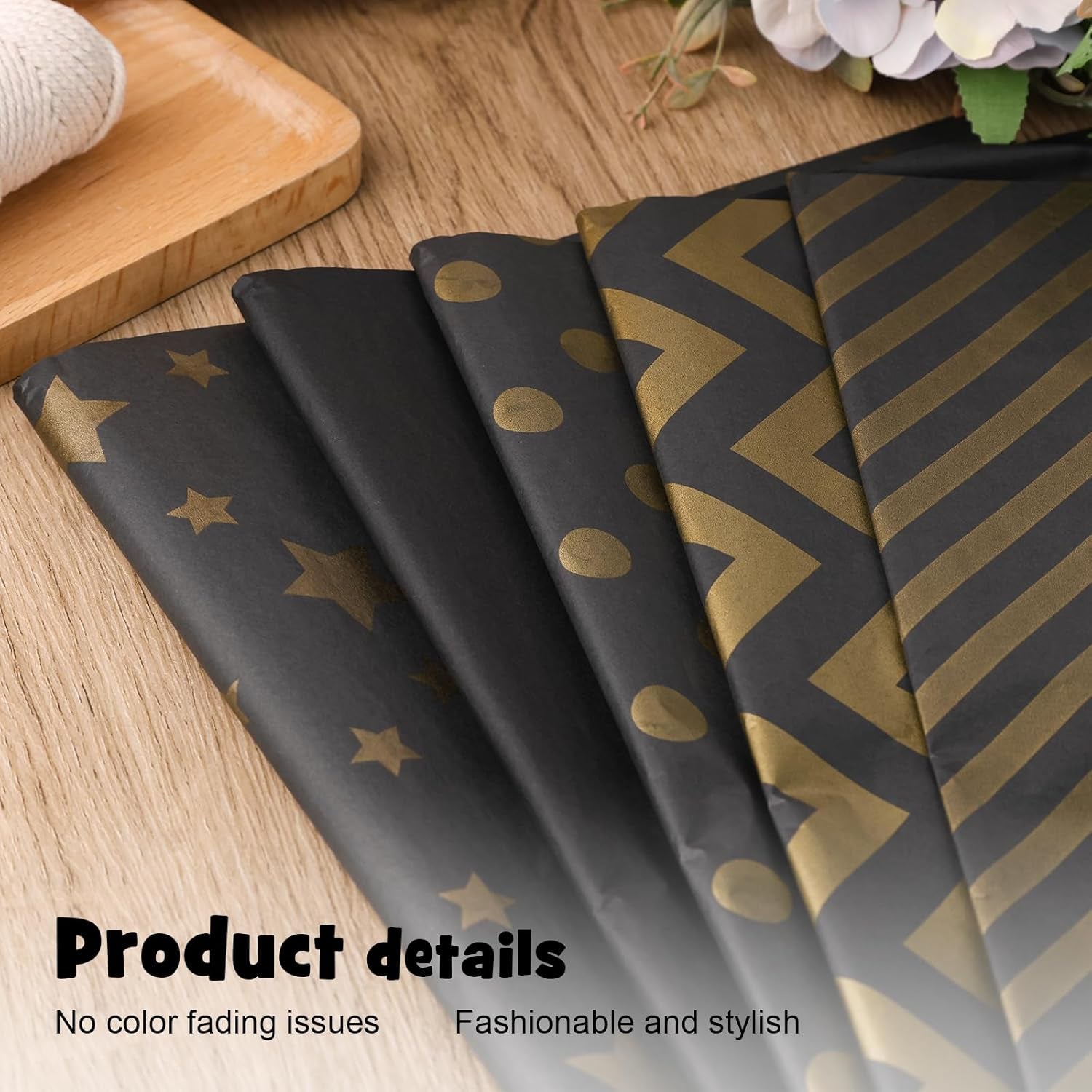 100 Sheets Tissue Paper for Gift Bags, Metallic Black Gold Pattern Wrapping Tissue Paper for Christmas Gift Wrapping Birthday Wedding 20 X 14 Inch