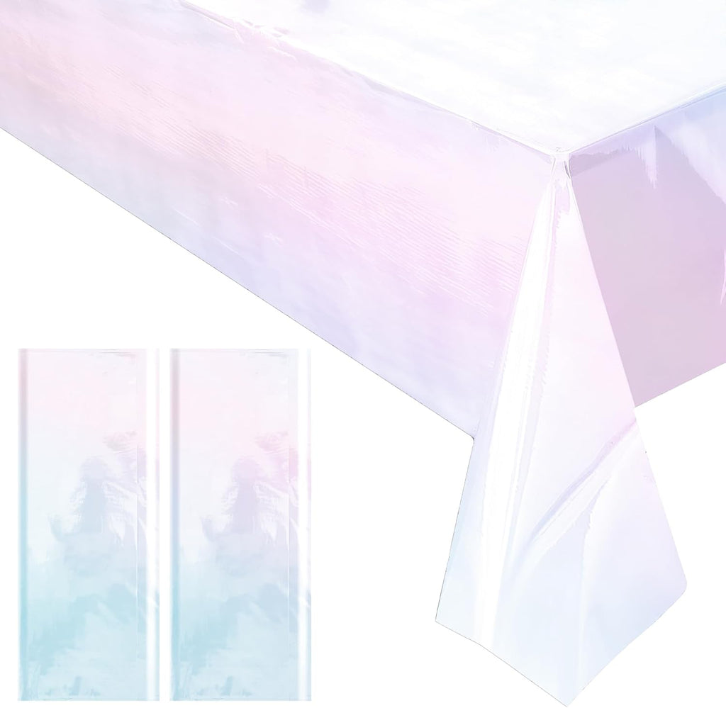 2 Pieces Iridescence White Tablecloth, 40 X 108“ Disposable Shiny Laser Table Cloth, Glitter Plastic Tablecloths, Holographic Iridescent Table Cover for Party Decoration, Wedding and Banquet