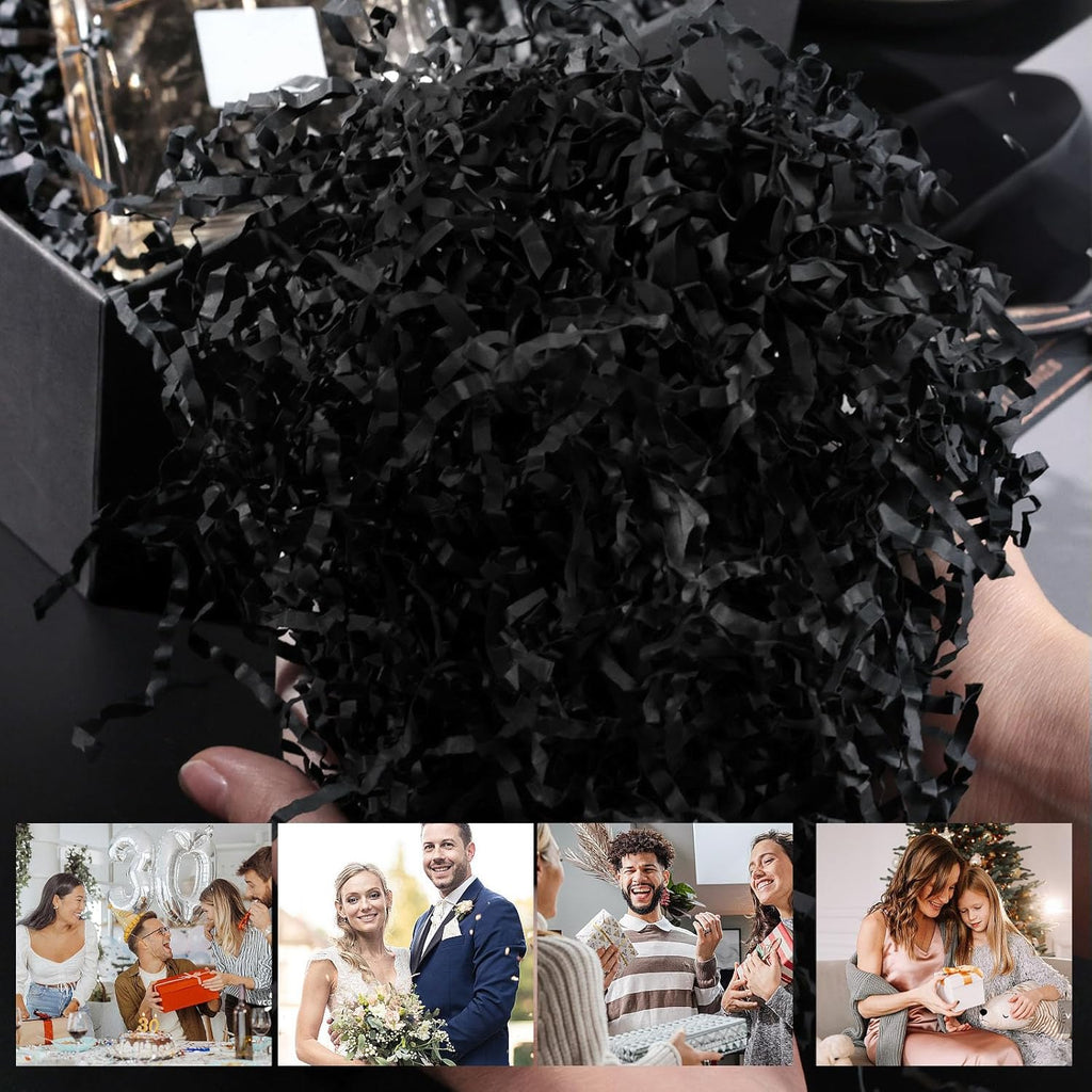 2LB Black Crinkle Paper Filler, Shredded Confetti Paper for Gift Basket Filling Halloween Christmas Birthday Party Gift Box Wrapping Stuffing Supplies