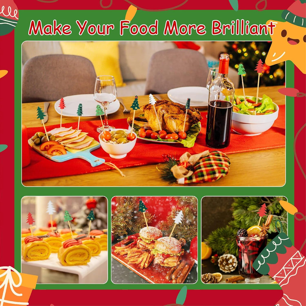 100 Christmas Tree Cocktail Picks, 4.7" Long Christmas Toothpicks for Appetizers, Bamboo Decorative Xmas Skewers Wood Sandwich Fruit Food Sticks for Christmas Party Supplies Charcuterie Accessories