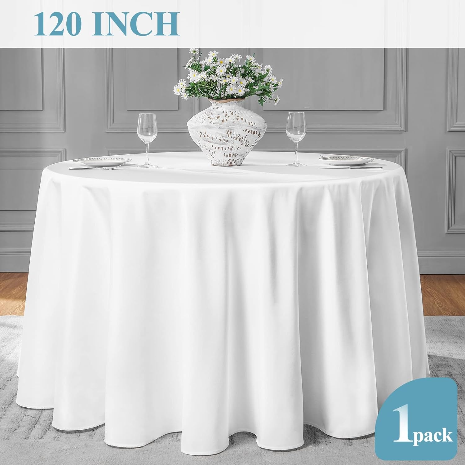 1 Pack 120Inch round Tablecloth Polyester Table Cloth, Stain Resistant and Wrinkle Polyester Dining Table Cover for Kitchen Dinning Party Wedding Rectangular Tabletop Buffet Decoration(White)