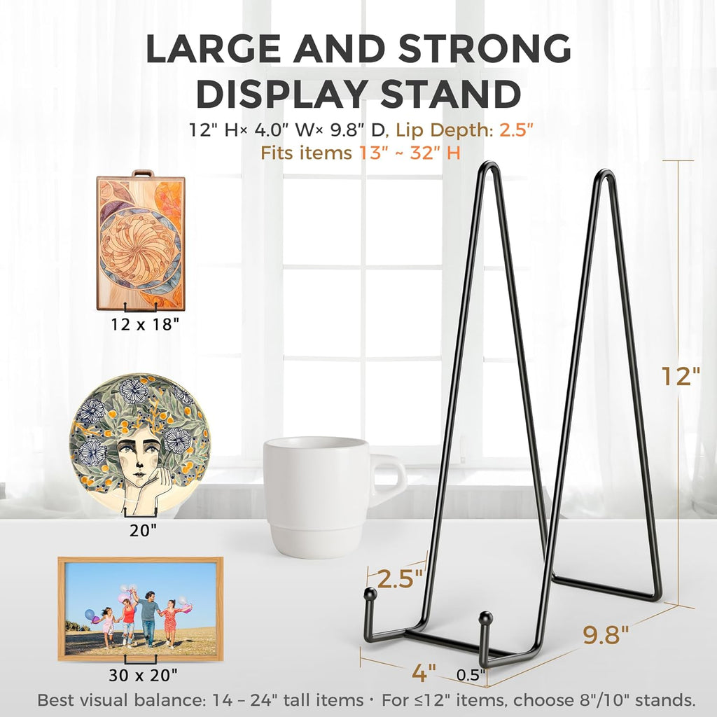 3 Pack 12 Inch Plate Stands for Display - Large, Metal Picture Frame Holder Stand + Easels for Decorative Platter, Book, Plaque, Photo, Table Top Art