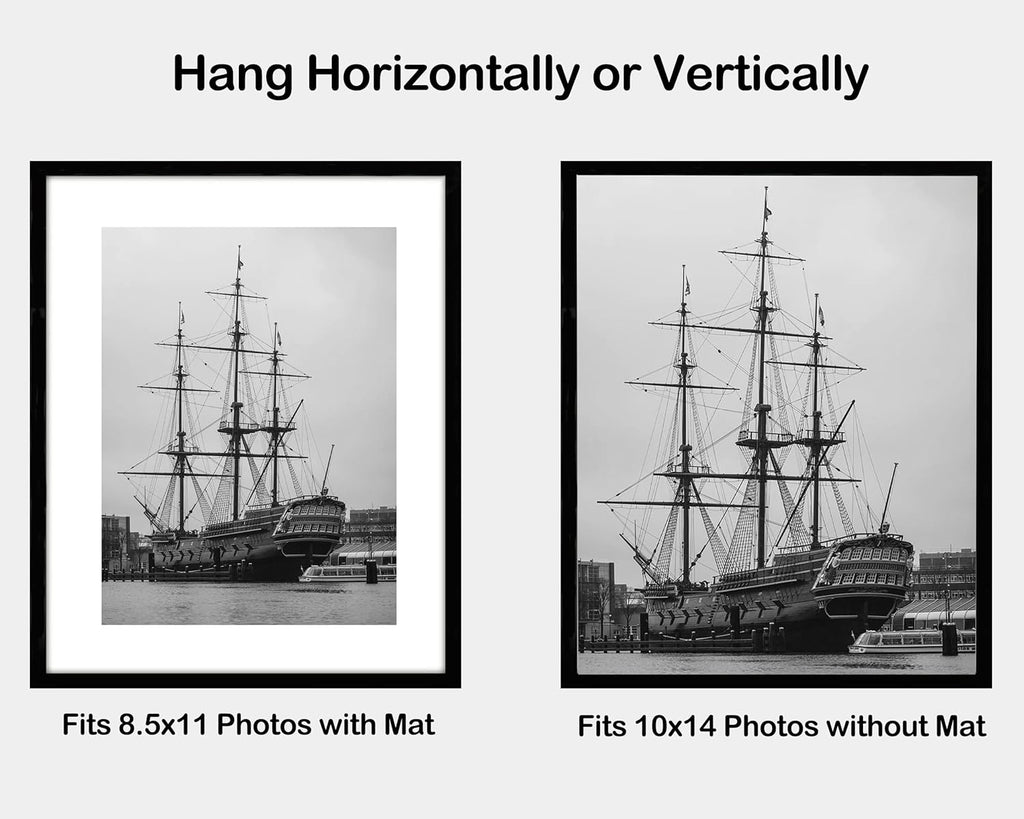 10X14 Picture Frame, Display Pictures 8 X 12 with Mat or 10 X 14 without Mat for Wall Mounting Display, Photo Frames, Black.