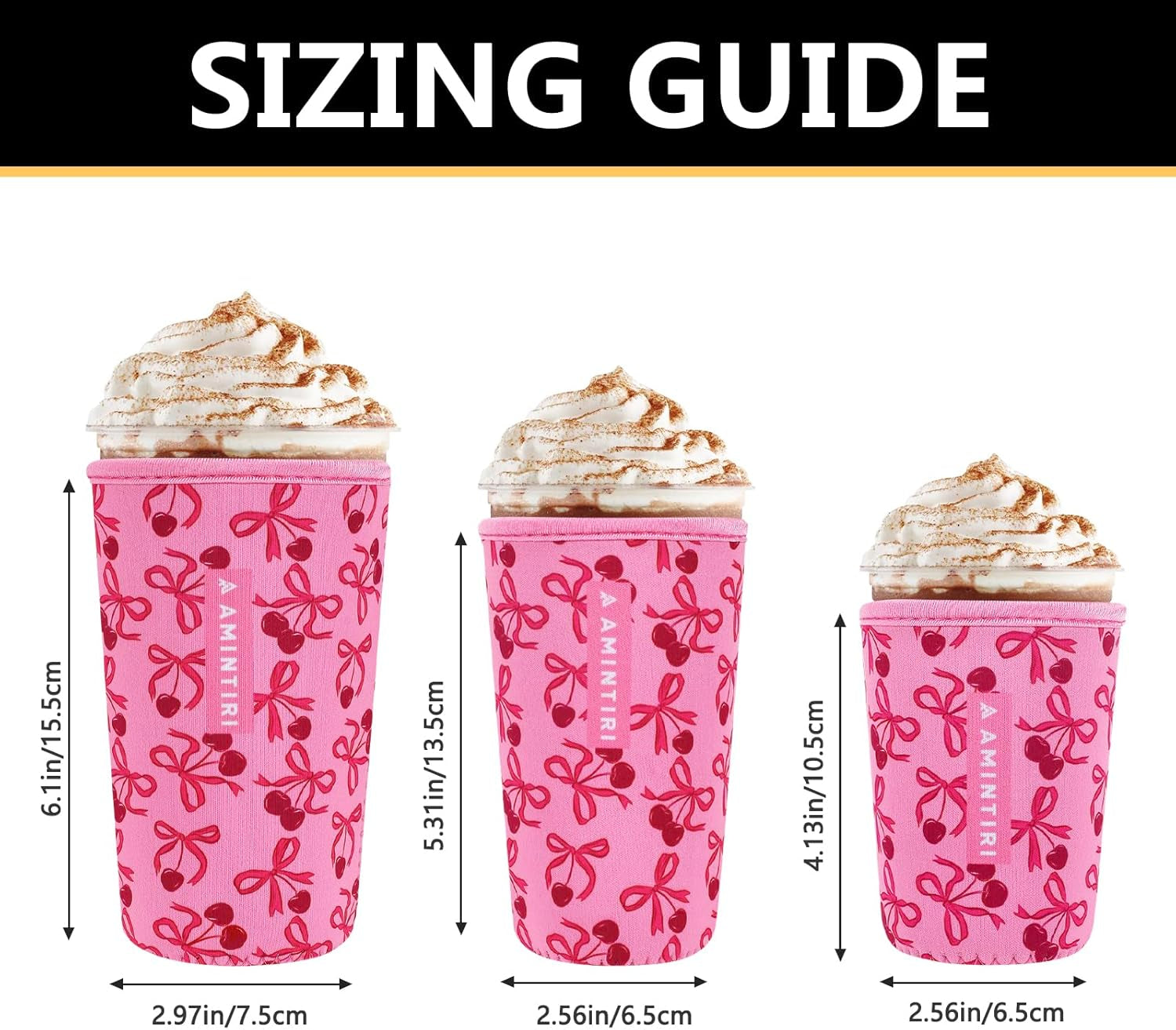 3 Pack Reusable Sleeve for Iced Coffee Cup, Coffee Neoprene Sleeve for Iced&Hot Drinks, Coffee Sleeve Compatible with Starbucks, Dunkin Coffee Cup. (Cherry&Bow)