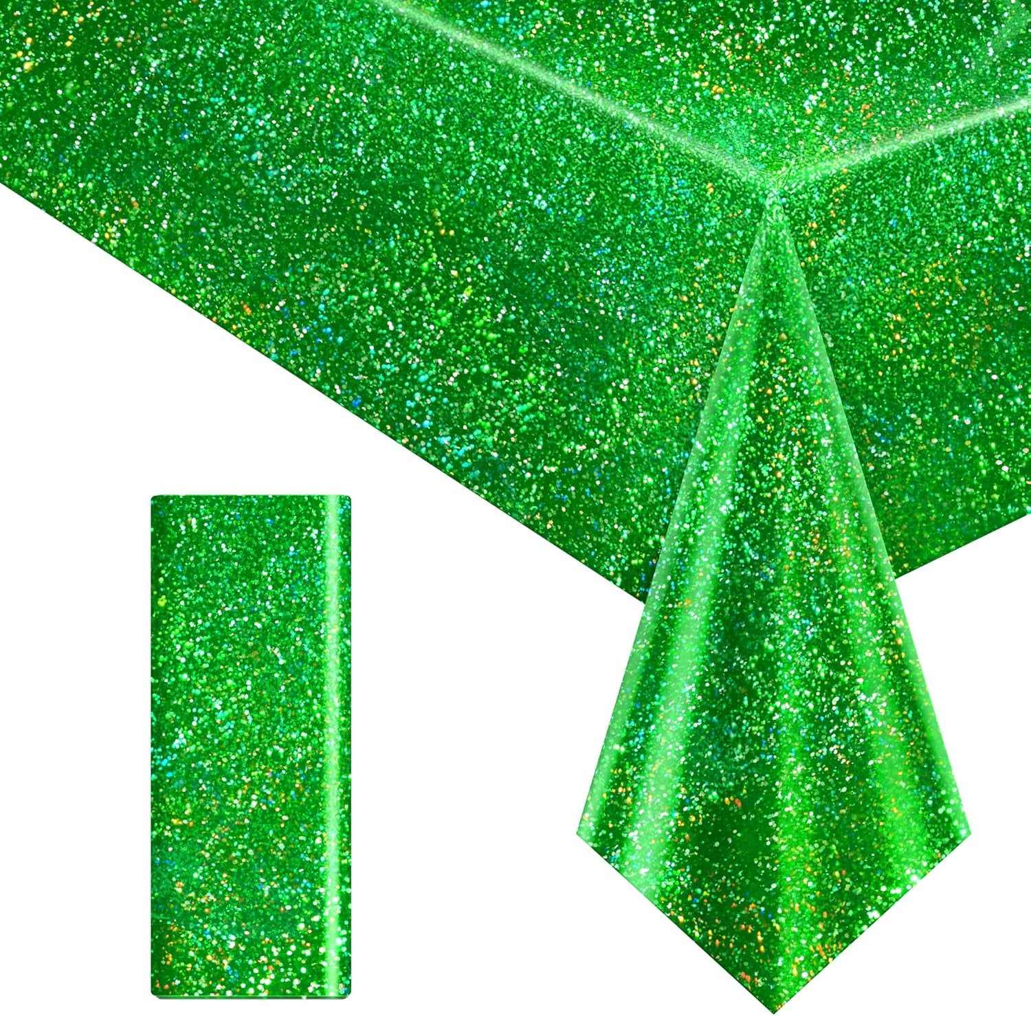 1 Pcs Green Holographic Laser Tablecloth 40" X 108" Christmas Table Cloth Shimmer Shining Plastic Metallic Table Cover for Jungle Safari Wild One Baby Shower Birthday Party Decoration Supplies