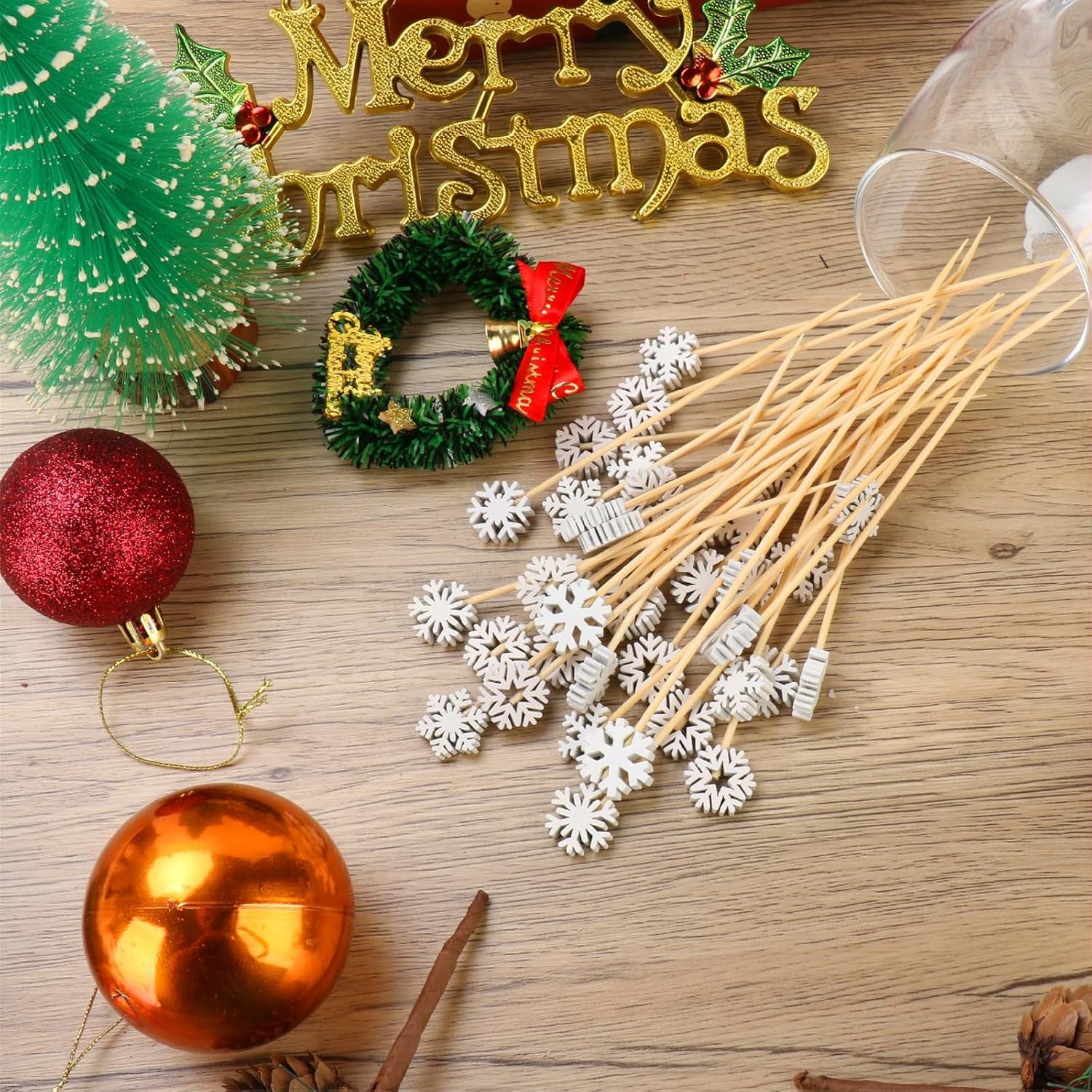 100 Christmas Snowflake Cocktail Picks, 6 Kind of Fancy Christmas Toothpicks for Appetizers, 4.7 in Bamboo Charcuterie Skewers Food Sticks for Winter Snow Frozen Decorations Christmas Party Supplies