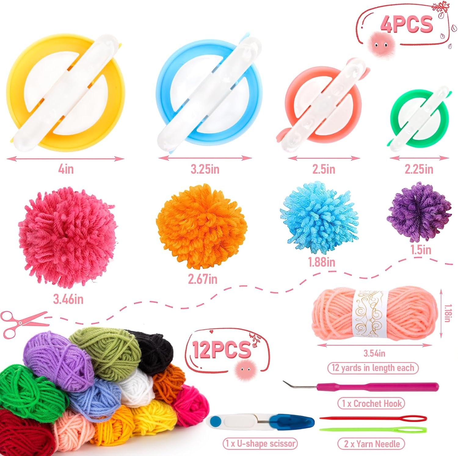 20PCS Pom Pom Maker Craft Kit, for Winter Hat & Scarf, with 12 Colorful Yarns, 4 Size Knitting Makers, DIY Christmas Gifts for Kids & Adults Beginners