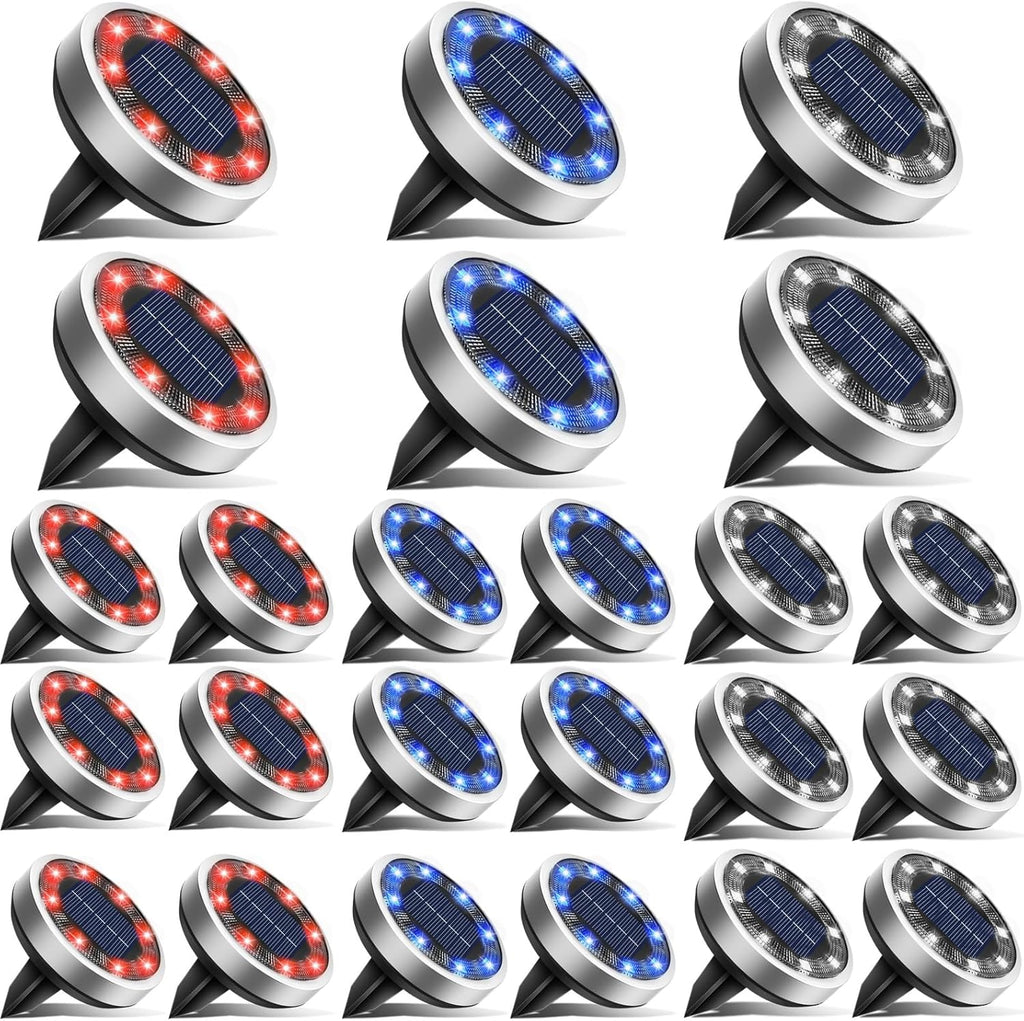 24 Pack Solar Ground Lights Outdoor, 8 LED Disc Lights IP65 Waterproof Flat Light, Pathway Light Solar Powered for Garden Lawn Patio Yard Path Landscape, Red+Blue+Cool White