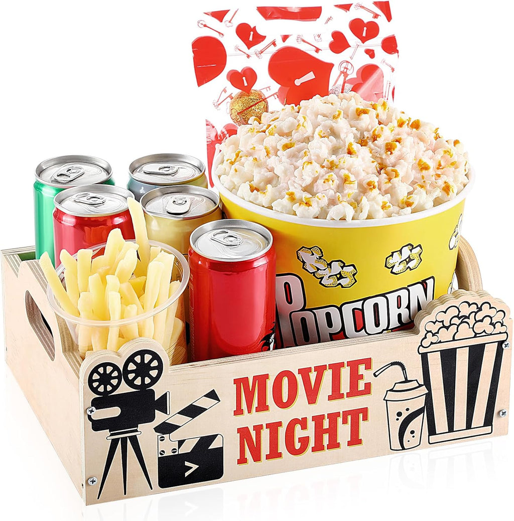 1 Pcs Movie Night Snack Trays with Handles DIY Wooden Snack Basket Organizer Reusable Snack Trays Basket Box Supplies for Party (11.81" X 8.66" X 3.94")