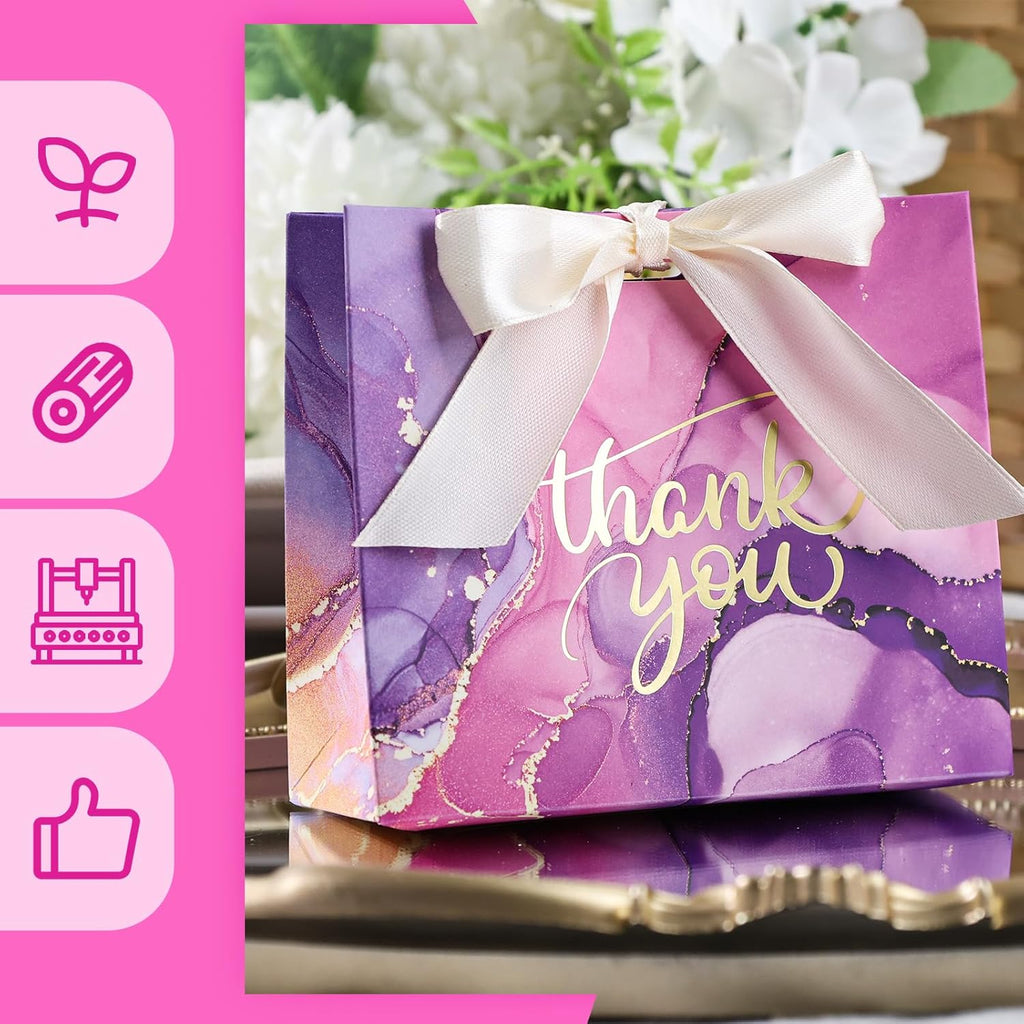 24PCS Thank You Gift Bags, 4.5X3.9X1.8Inches Mini Party Favor Bags Purple Treat Boxes with Bow Ribbon for Wedding Bridal Baby Shower Birthday Party