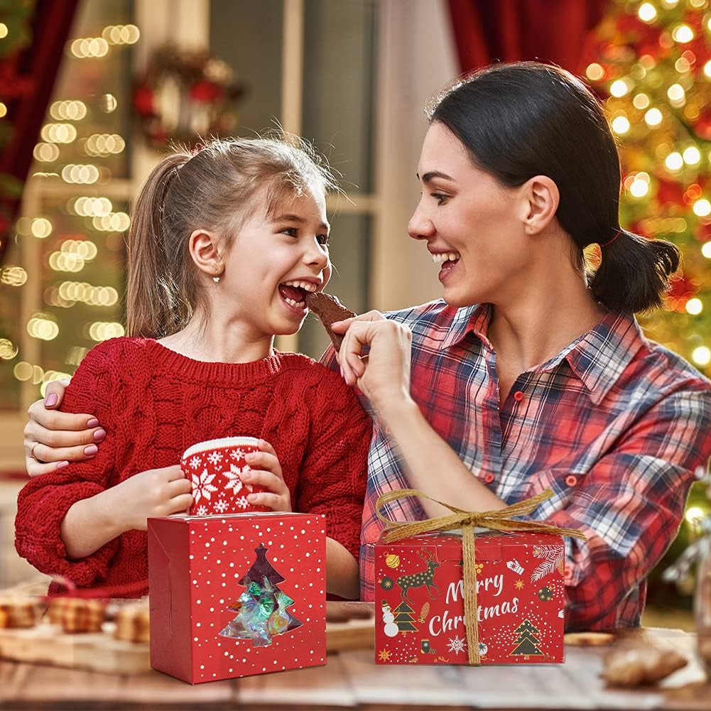 14PCS Small Christmas Cookie Boxes, 4"X 4"X 2.5" Christmas Bakery Boxes with Window, Single Cupcake Carrier with Window Insert Pastry Containers Muffins for Bakery Supplies