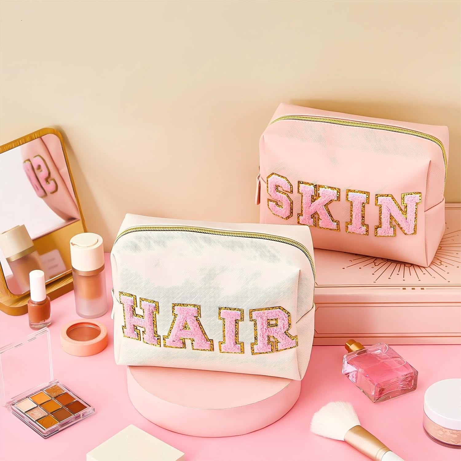 2 Pcs Preppy Makeup Bags Chenille Letter Patch Bag Face Skin Hair Stuff Aesthetic Cosmetic Bag Travel Zipper Pouch Makeup Organizer Graduation Gift for Girls (White, Pink,Hair, Skin)