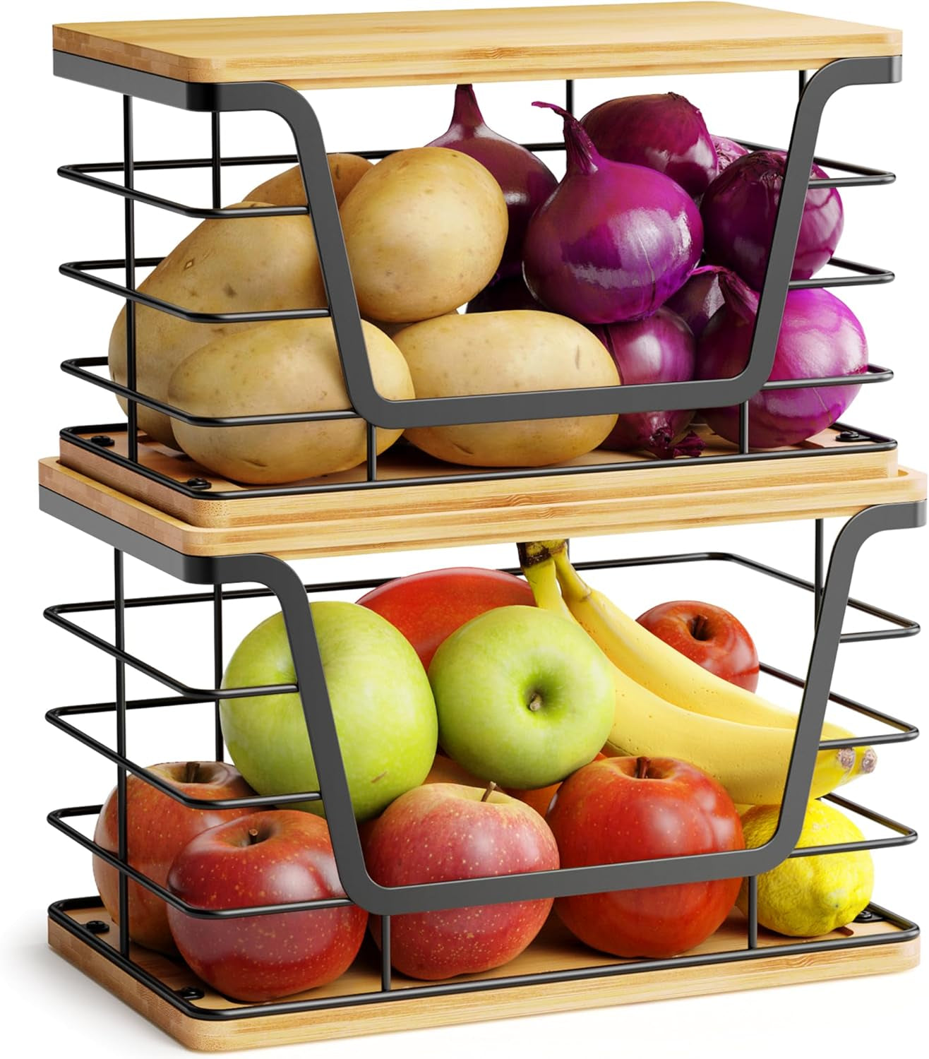 2 Pack Large Garbage Bag Dispenser for 13/30/33 Gallon Bags, Potato and Onion Storage Baskets with Bamboo Lid, Stainless Steel Stackable Storage Bins for Kitchen Laundry Pantry Room