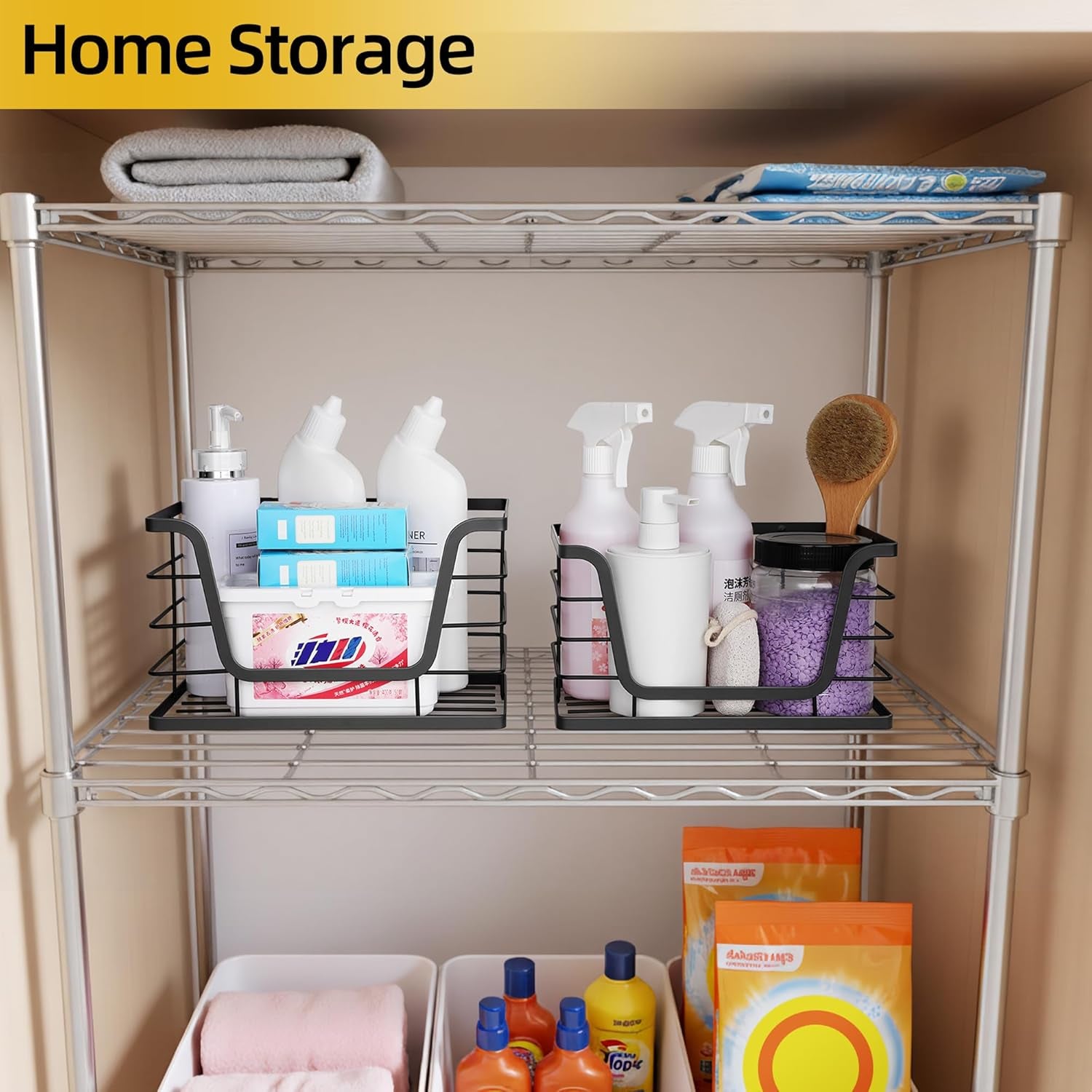 2 Pack Storage Stackable Kitchen Laundry Organizers with Bamboo Top, Large Trash Bag Holder and Small Garbage Bag Dispenser for Countertop Organization