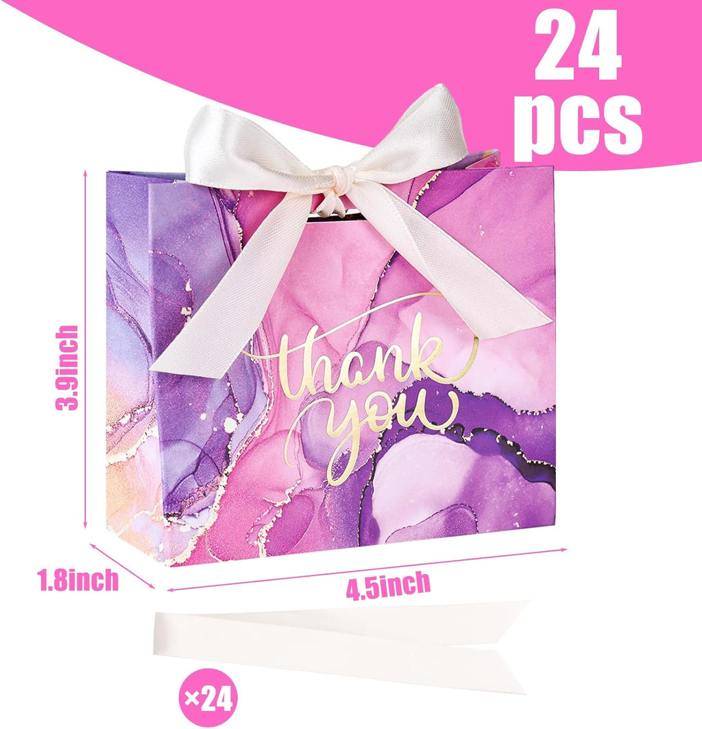 24PCS Thank You Gift Bags, 4.5X3.9X1.8Inches Mini Party Favor Bags Purple Treat Boxes with Bow Ribbon for Wedding Bridal Baby Shower Birthday Party