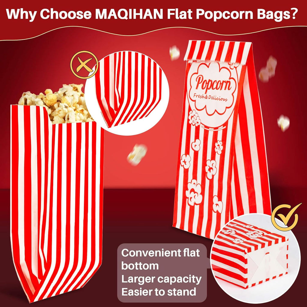 100 Popcorn Bags Flat Bottom - Paper Popcorn Food Bags Individual Servings Party Pop Corn Sleeves Bulk Carnival Halloween Snack Pack Gift Favor Treat Bolsas Para Palomitas Movie Night Supplies