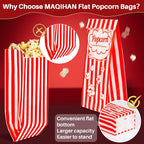 100 Popcorn Bags Flat Bottom - Paper Popcorn Food Bags Individual Servings Party Pop Corn Sleeves Bulk Carnival Halloween Snack Pack Gift Favor Treat Bolsas Para Palomitas Movie Night Supplies