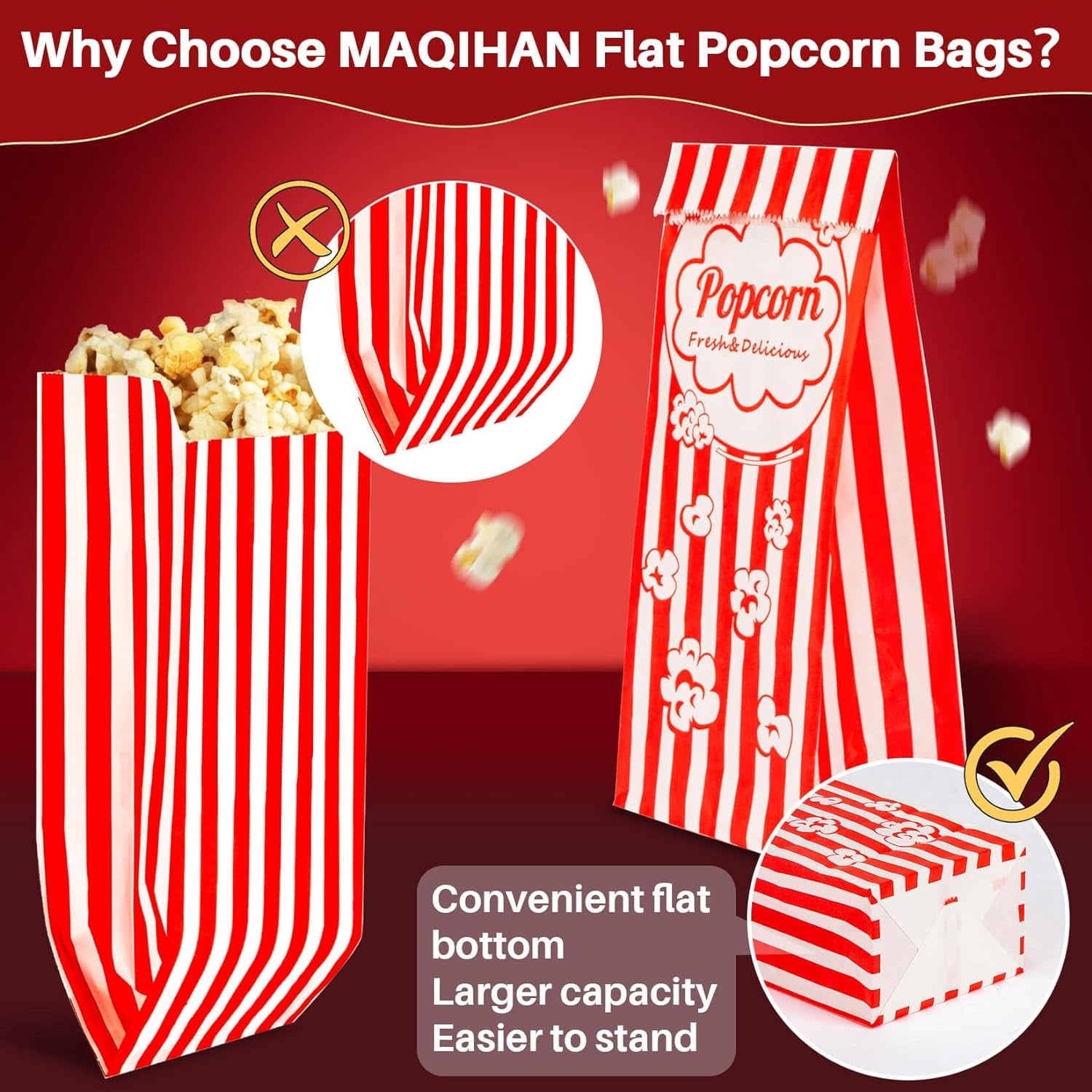 100 Popcorn Bags Flat Bottom - Paper Popcorn Food Bags Individual Servings Party Pop Corn Sleeves Bulk Carnival Halloween Snack Pack Gift Favor Treat Bolsas Para Palomitas Movie Night Supplies