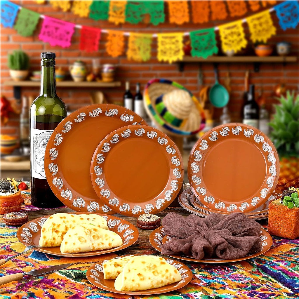 120 Pcs Platos De Barro Mexicanos Paper Plates Fall Cielito Lindo Party Decoration 7/9 Inch Mexican Plates Terracotta Flower Clay Pottery Paper Birthday Wedding Party Supplies (White Flowers)