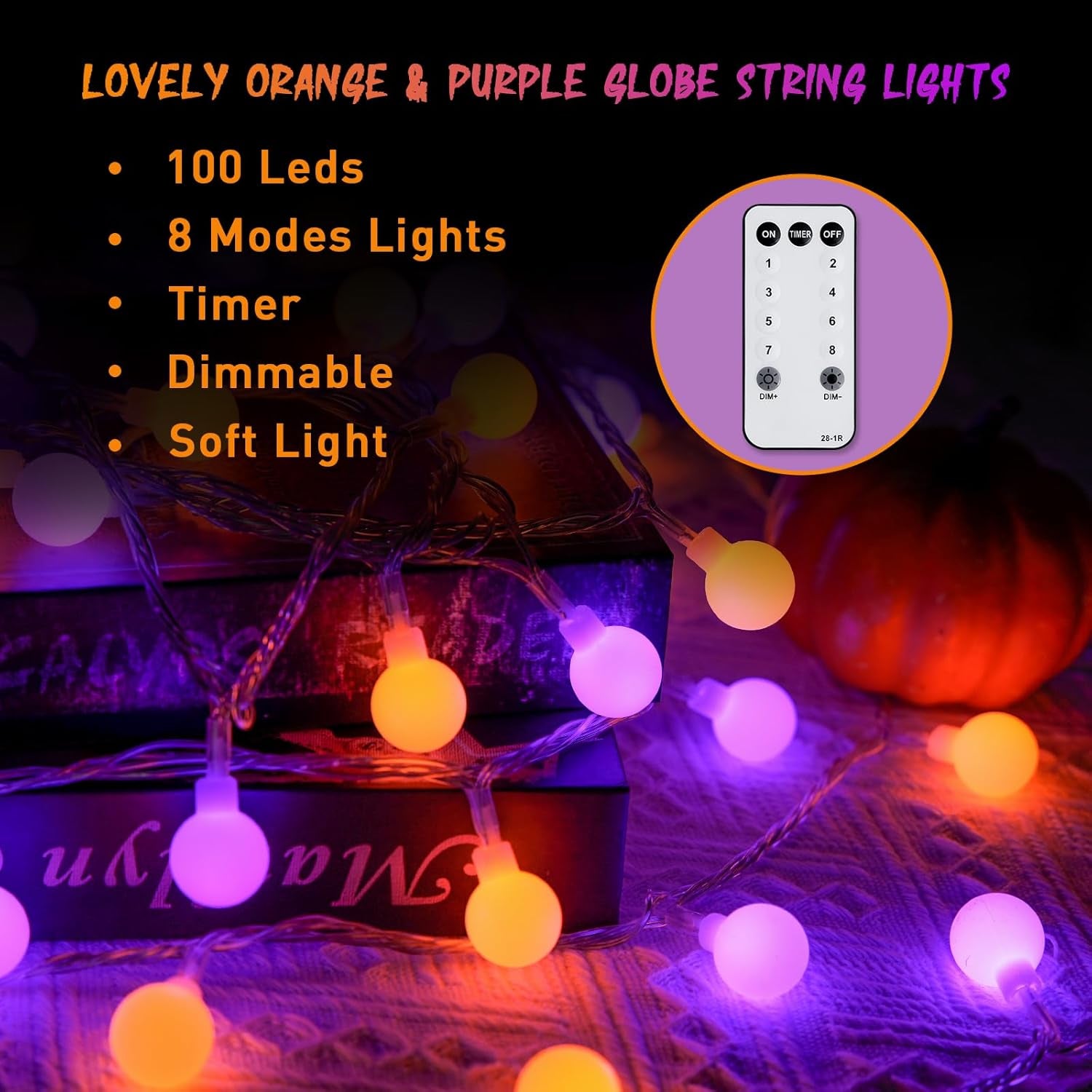 100 LED Globe String Lights Indoor Plug in with Remote, 33Ft Connectable Christmas Lights Outdoor, 8 Modes Orange and Purple Fairy Light Outdoor for Bedroom Room Party Christmas Decor