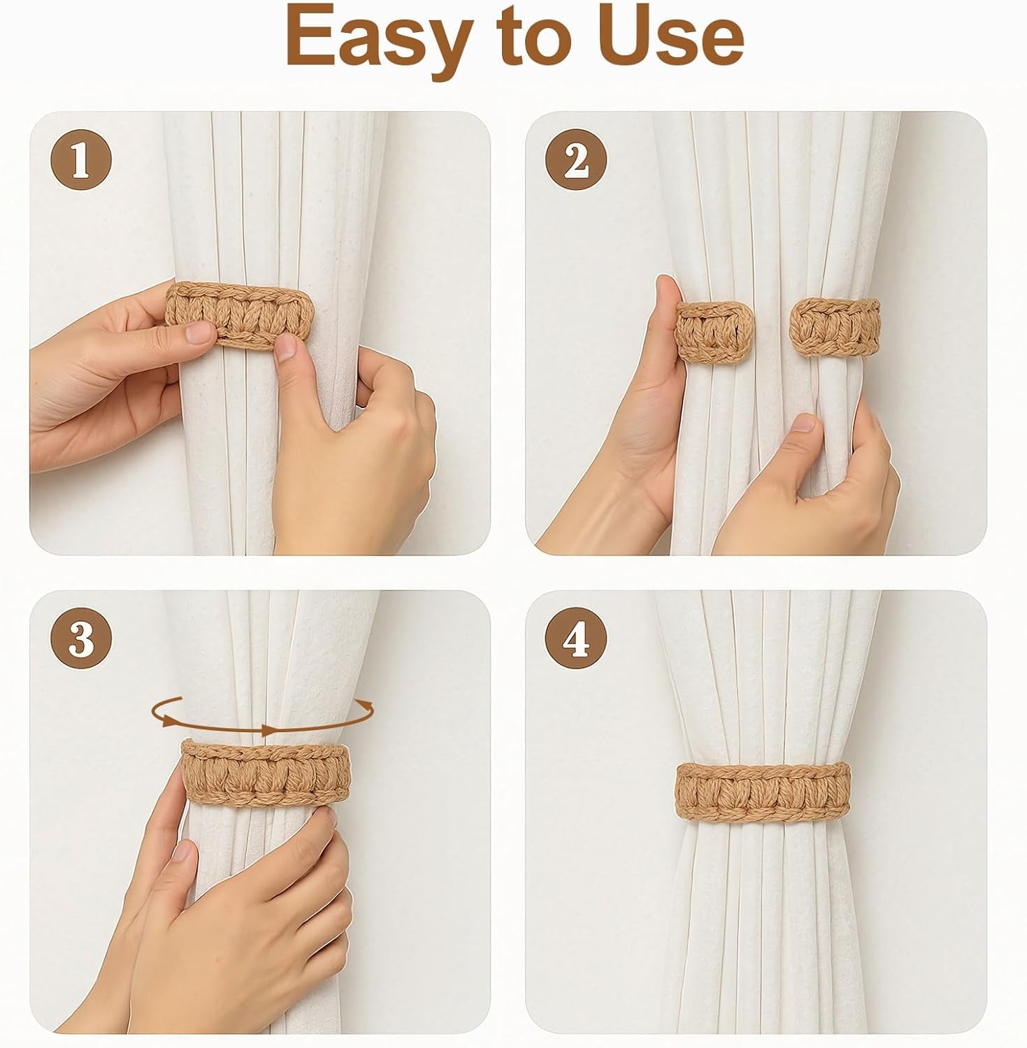 2 Pack Jute Curtain Tiebacks, Braided Curtain Holdbacks No Drill, Boho Curtain Tie Backs, Decorative Rustic Wicker Curtain Holders for Drapes in Bedroom, Nursery, Living Room