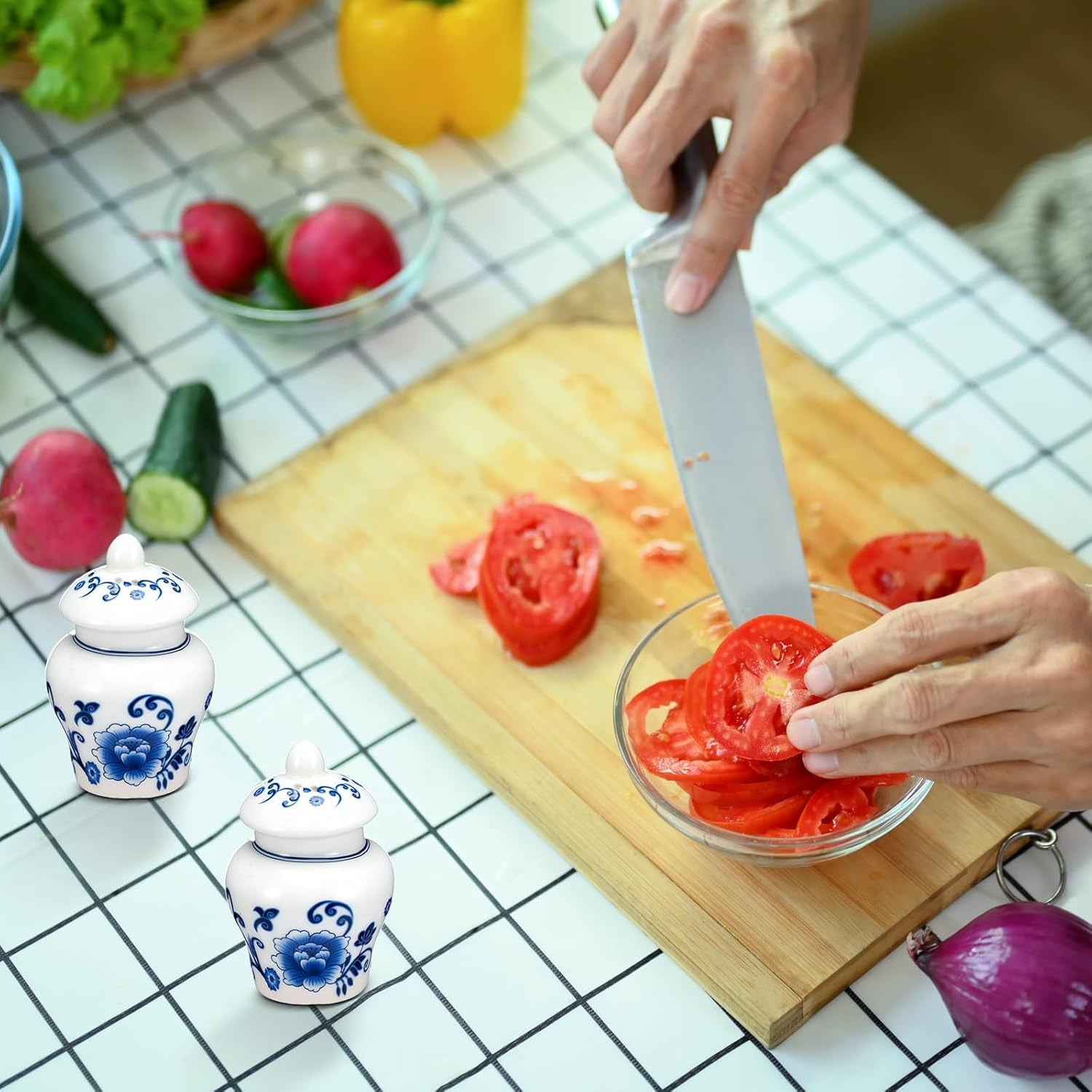 2 Pack Chinoiserie Salt and Pepper Shakers Vintage 3 Inch Mini Blue and White Ginger Jar for Kitchen Restaurant Gifts Decoration